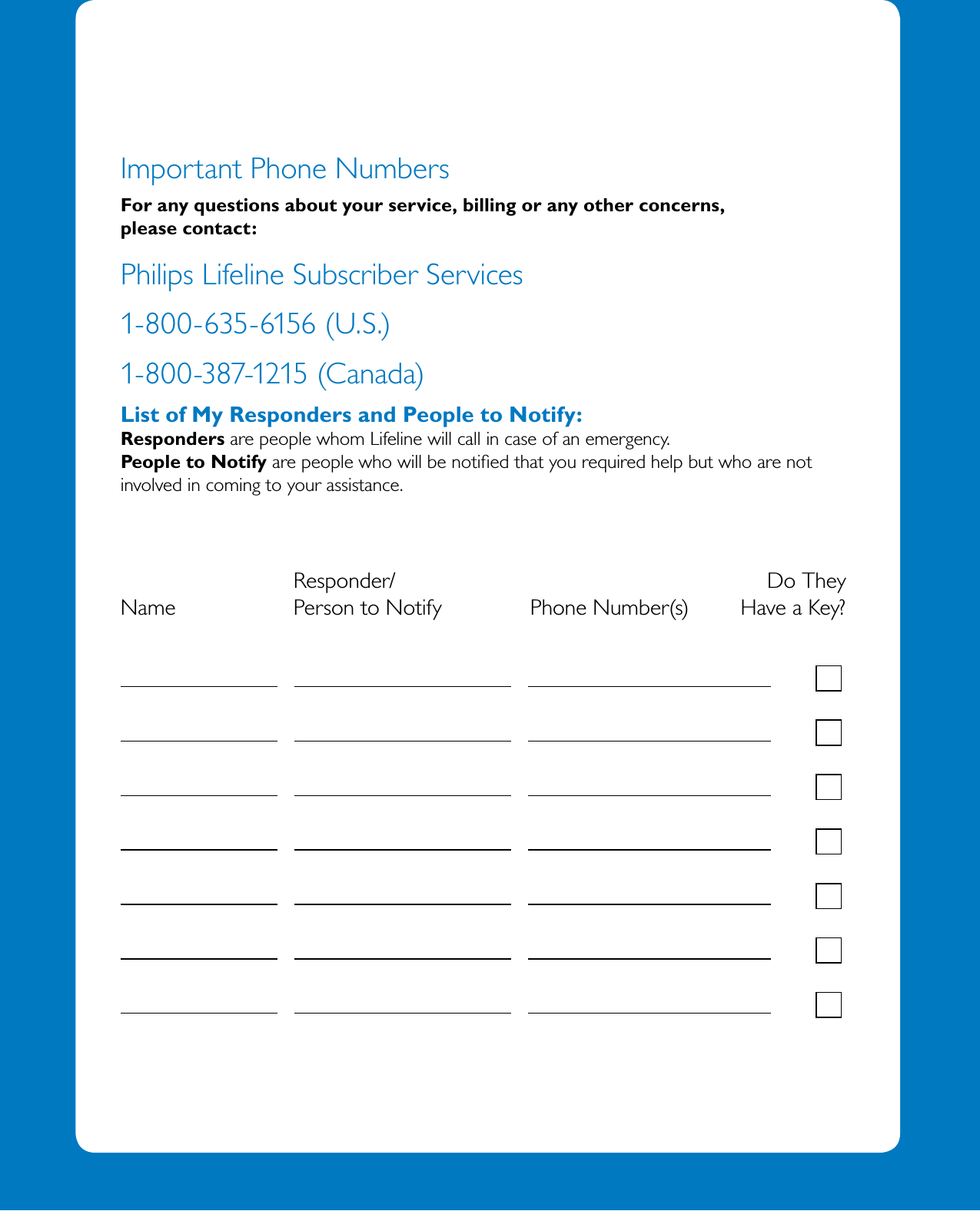 2For assistance, call 1-800-635-6156 in the U.S. and 1-800-387-1215 in Canada.Important Phone NumbersFor any questions about your service, billing or any other concerns,  please contact:Philips Lifeline Subscriber Services 1-800-635-6156 (U.S.)1-800-387-1215 (Canada)List of My Responders and People to Notify: Responders are people whom Lifeline will call in case of an emergency.  People to Notify are people who will be notiﬁed that you required help but who are not involved in coming to your assistance.       Responder/                        Do They Name     Person to Notify         Phone Number(s)        Have a Key? 