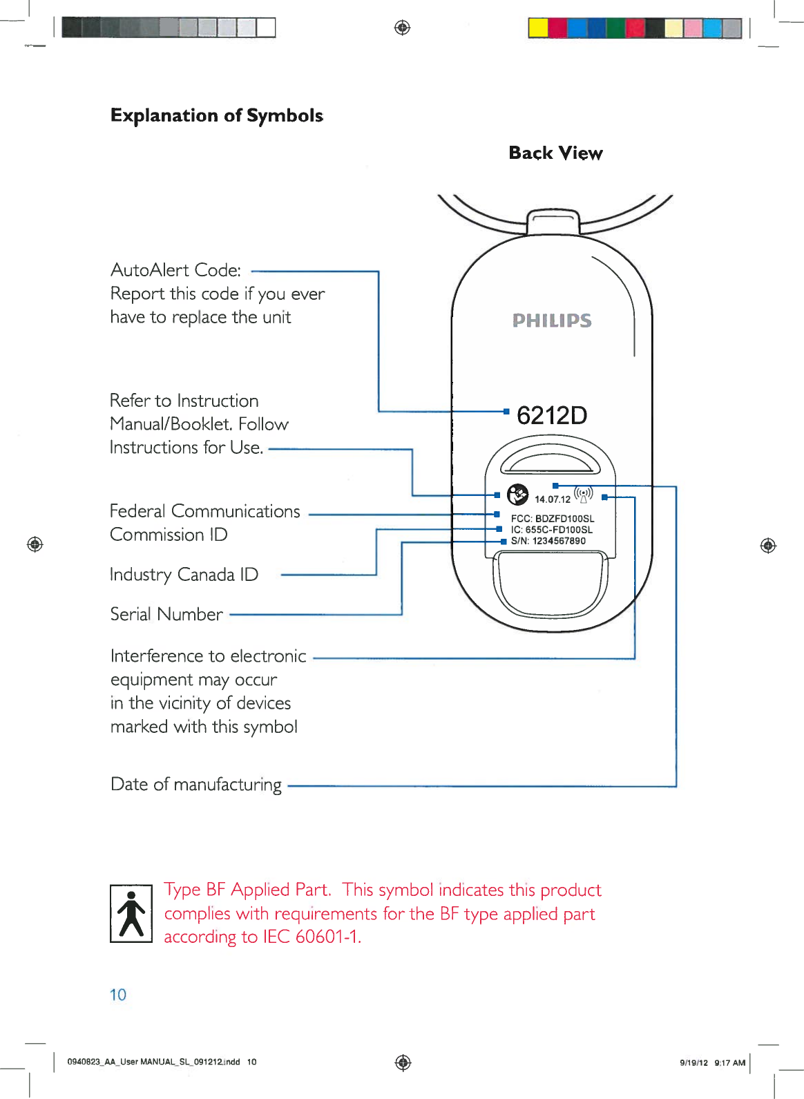 IIIIExplanationofSymbolsBackViewI—AutoAlertCode:ReportthiscodeifyoueverhavetoreplacetheunitRefertoInstructionManual/Booklet.FollowInstructionsforUse.FederalCommunicationsCommissionIDIndustryCanadaIDSerialNumberInterferencetoelectronicequipmentmayoccurinthevicinityofdevicesmarkedwiththissymbolDateof manufacturing10TypeBFApplied Part.Thissymbol indicates thisproductcomplieswithrequirementsfortheBEtypeappliedpartaccordingtoIEC60601-1.PHILIPS6212D0940823AA_UserMANUAL_SL_091212.indd109/19/12 9:17AM