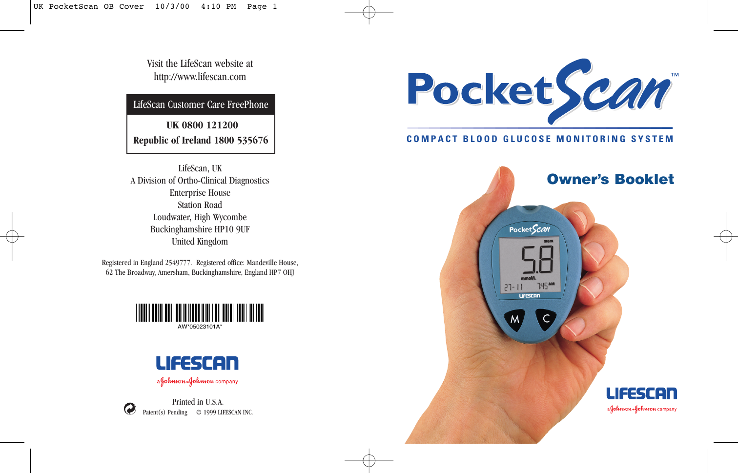 Lifescan Pocket Scan Blood Glucose Monitor System Users Manual Owner's Booklet UK
