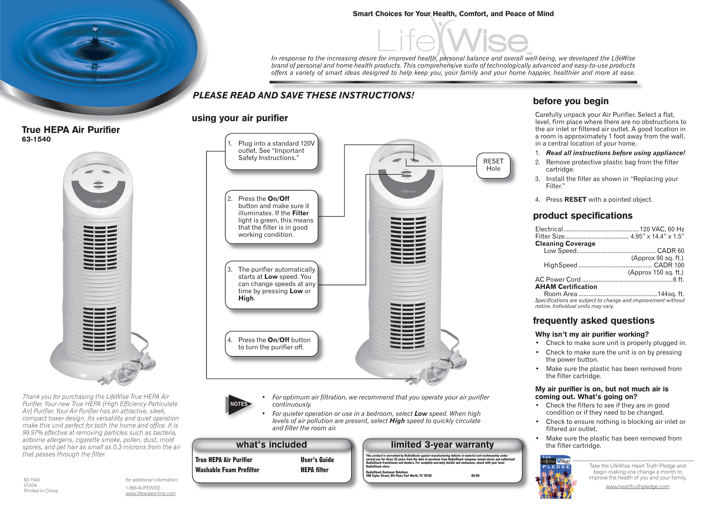 Page 1 of 2 - Lifewise Lifewise-True-Hepa-Air-Purifier-63-1540-Users-Manual- 63-1540  Lifewise-true-hepa-air-purifier-63-1540-users-manual