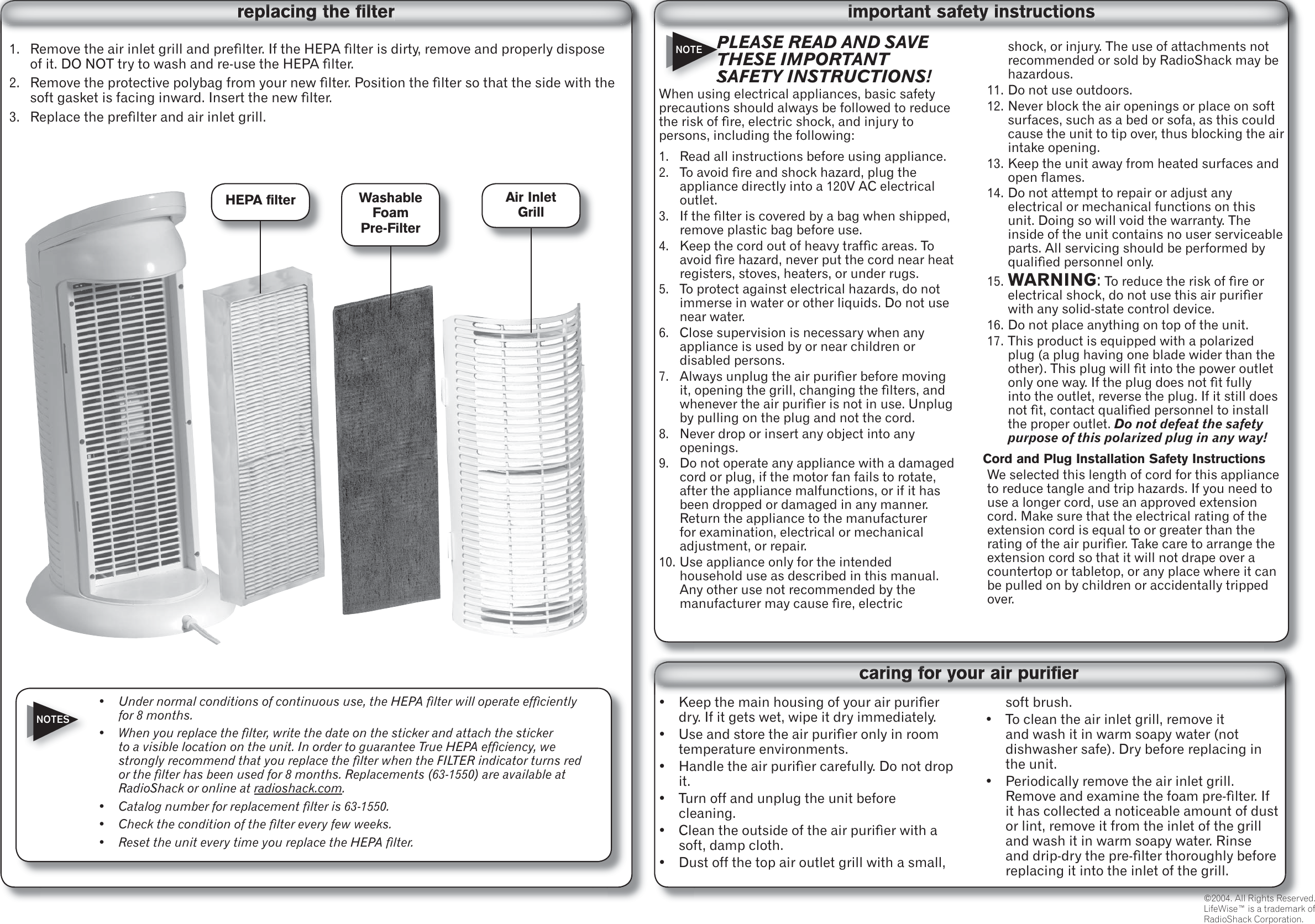 Page 2 of 2 - Lifewise Lifewise-True-Hepa-Air-Purifier-63-1540-Users-Manual- 63-1540  Lifewise-true-hepa-air-purifier-63-1540-users-manual