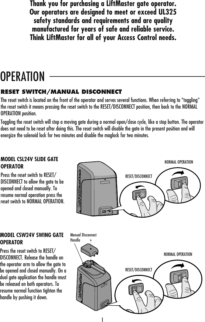 Liftmaster Csl24V Owners Manual USER GUIDE CSL24VH CSW24V CSW24VH