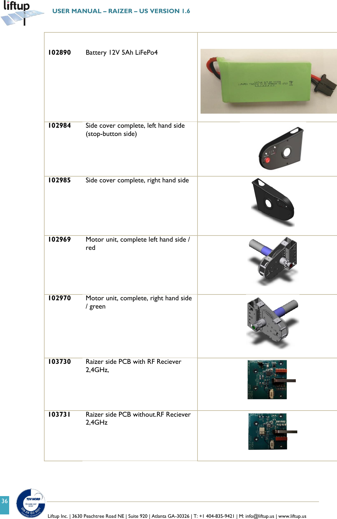   Liftup Inc. | 3630 Peachtree Road NE | Suite 920 | Atlanta GA-30326 | T: +1 404-835-9421 | M: info@liftup.us | www.liftup.us  USER MANUAL &ndash; RAIZER &ndash; US VERSION 1.6 36   102890   Battery 12V 5Ah LiFePo4        102984 Side cover complete, left hand side (stop-button side)  102985 Side cover complete, right hand side    102969 Motor unit, complete left hand side / red   102970 Motor unit, complete, right hand side / green   103730 Raizer side PCB with RF Reciever 2,4GHz,    103731 Raizer side PCB without.RF Reciever 2,4GHz   