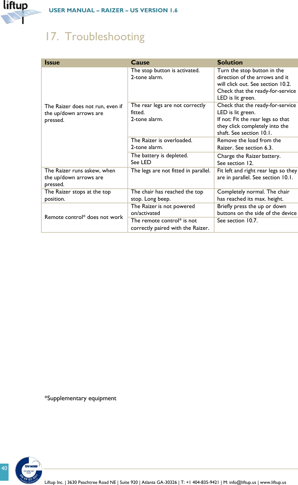   Liftup Inc. | 3630 Peachtree Road NE | Suite 920 | Atlanta GA-30326 | T: +1 404-835-9421 | M: info@liftup.us | www.liftup.us  USER MANUAL &ndash; RAIZER &ndash; US VERSION 1.6 40 17. Troubleshooting  Issue Cause Solution The Raizer does not run, even if the up/down arrows are pressed.  The stop button is activated. 2-tone alarm. Turn the stop button in the direction of the arrows and it will click out. See section 10.2. Check that the ready-for-service LED is lit green. The rear legs are not correctly fitted. 2-tone alarm. Check that the ready-for-service LED is lit green. If not: Fit the rear legs so that they click completely into the shaft. See section 10.1. The Raizer is overloaded. 2-tone alarm. Remove the load from the Raizer. See section 6.3. The battery is depleted. See LED  Charge the Raizer battery. See section 12. The Raizer runs askew, when the up/down arrows are pressed. The legs are not fitted in parallel. Fit left and right rear legs so they are in parallel. See section 10.1. The Raizer stops at the top position. The chair has reached the top stop. Long beep. Completely normal. The chair has reached its max. height. Remote control* does not work The Raizer is not powered on/activated Briefly press the up or down buttons on the side of the device The remote control* is not correctly paired with the Raizer. See section 10.7.            *Supplementary equipment   