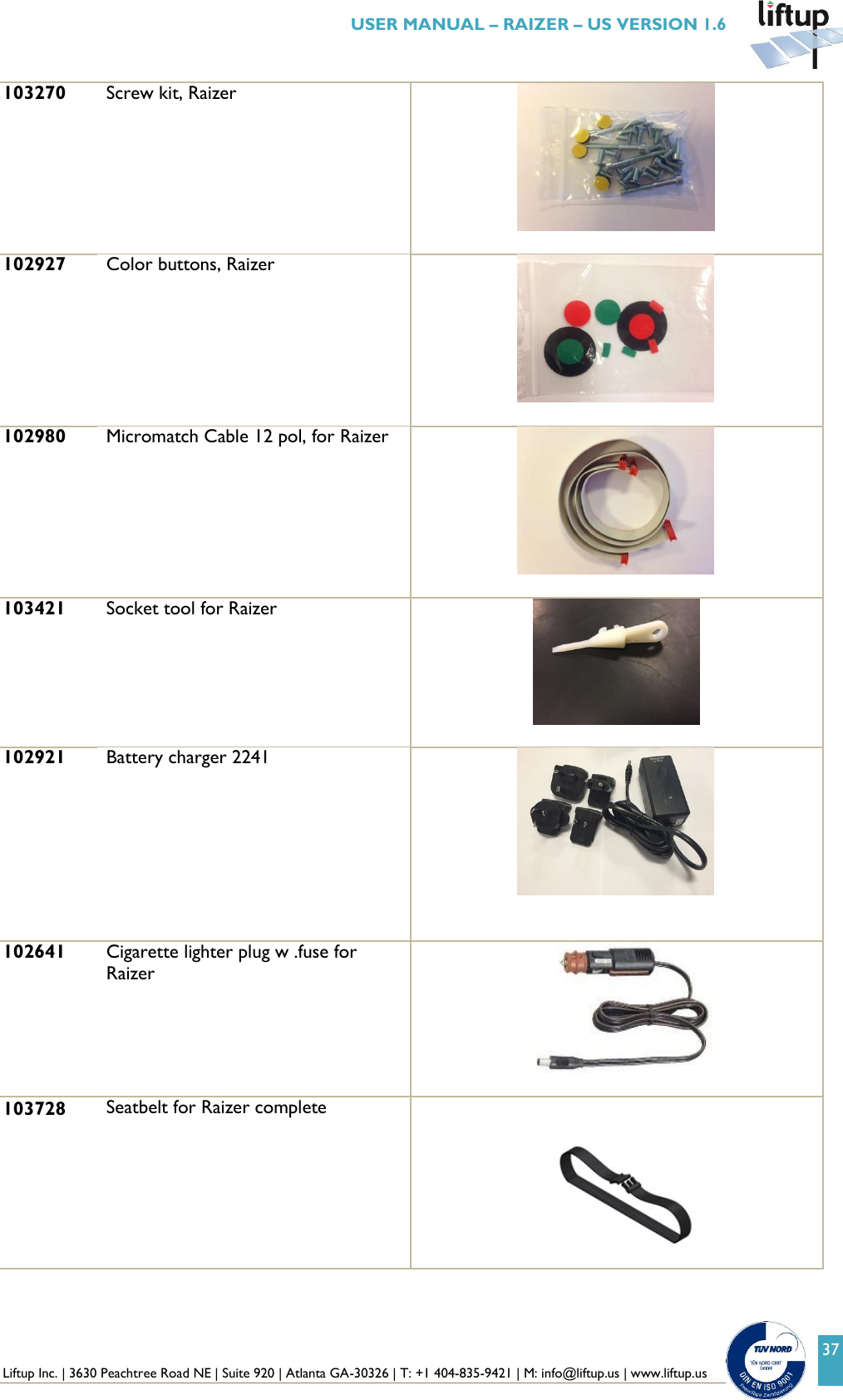  Liftup Inc. | 3630 Peachtree Road NE | Suite 920 | Atlanta GA-30326 | T: +1 404-835-9421 | M: info@liftup.us | www.liftup.us   USER MANUAL &ndash; RAIZER &ndash; US VERSION 1.6 37 103270 Screw kit, Raizer   102927 Color buttons, Raizer                        102980 Micromatch Cable 12 pol, for Raizer                            103421 Socket tool for Raizer   102921 Battery charger 2241                                        102641 Cigarette lighter plug w .fuse for Raizer                       103728 Seatbelt for Raizer complete                                   