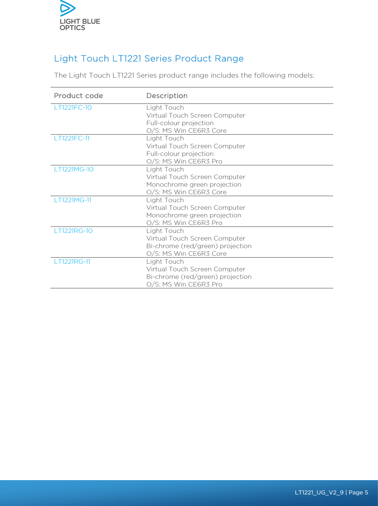    Light Touch LT1221 Series Product Range The Light Touch LT1221 Series product range includes the following models: Product code  Description LT1221FC-10  Light Touch Virtual Touch Screen Computer Full-colour projection O/S: MS Win CE6R3 CoreLT1221FC-11  Light Touch Virtual Touch Screen Computer Full-colour projection O/S: MS Win CE6R3 ProLT1221MG-10  Light Touch Virtual Touch Screen Computer Monochrome green projection O/S: MS Win CE6R3 CoreLT1221MG-11  Light Touch Virtual Touch Screen Computer Monochrome green projection  O/S: MS Win CE6R3 ProLT1221RG-10  Light Touch Virtual Touch Screen Computer Bi-chrome (red/green) projection O/S: MS Win CE6R3 CoreLT1221RG-11  Light Touch Virtual Touch Screen Computer Bi-chrome (red/green) projection O/S: MS Win CE6R3 Pro  bbb Light Touch LT1020 – User Guide v1.1 – Application Release C1.0.0 | Page 5LT1221_UG_V2_9 | Page 5