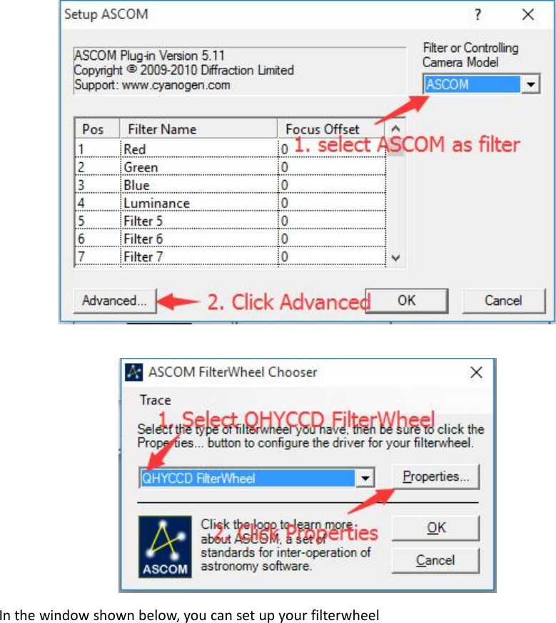In the window shown below, you can set up your filterwheel