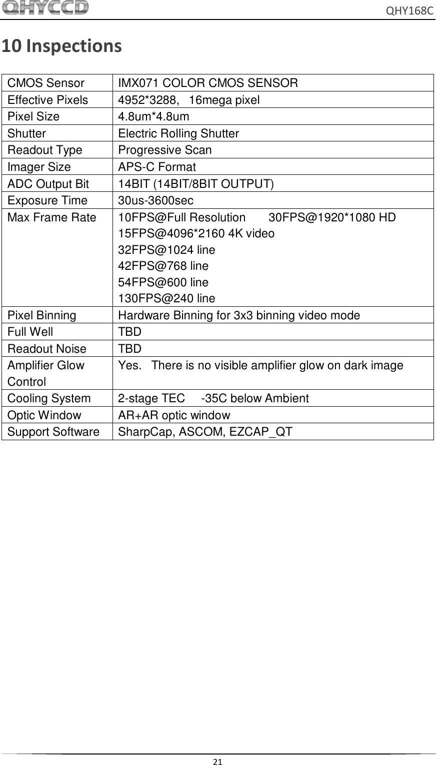     QHY168C  21  10 Inspections CMOS Sensor IMX071 COLOR CMOS SENSOR Effective Pixels 4952*3288,   16mega pixel Pixel Size 4.8um*4.8um Shutter Electric Rolling Shutter Readout Type Progressive Scan Imager Size APS-C Format ADC Output Bit 14BIT (14BIT/8BIT OUTPUT) Exposure Time 30us-3600sec Max Frame Rate 10FPS@Full Resolution       30FPS@1920*1080 HD 15FPS@4096*2160 4K video 32FPS@1024 line 42FPS@768 line 54FPS@600 line 130FPS@240 line Pixel Binning Hardware Binning for 3x3 binning video mode Full Well TBD Readout Noise TBD Amplifier Glow Control Yes.   There is no visible amplifier glow on dark image Cooling System 2-stage TEC     -35C below Ambient Optic Window AR+AR optic window Support Software SharpCap, ASCOM, EZCAP_QT     
