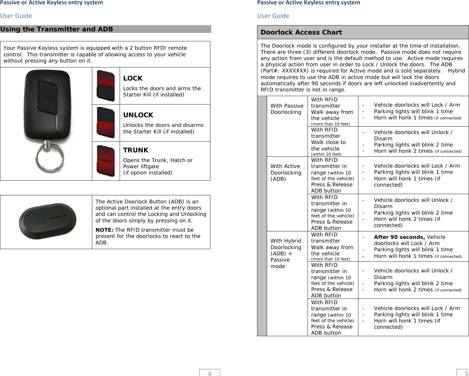 PassiveorActiveKeylessentrysystemUserGuide4Using the Transmitter and ADB  Your Passive Keyless system is equipped with a 2 button RFDI remote control.  This transmitter is capable of allowing access to your vehicle without pressing any button on it.    LOCK   Locks the doors and arms the Starter Kill (if installed)  UNLOCK  Unlocks the doors and disarms the Starter Kill (if installed)  TRUNK  Opens the Trunk, Hatch or Power liftgate (if option installed)      The Active Doorlock Button (ADB) is an optional part installed at the entry doors and can control the Locking and Unlocking of the doors simply by pressing on it.    NOTE: The RFID transmitter must be present for the doorlocks to react to the ADB.  PassiveorActiveKeylessentrysystemUserGuide5Doorlock Access Chart  The Doorlock mode is configured by your installer at the time of installation.  There are three (3) different doorlock mode.  Passive mode does not require any action from user and is the default method to use.  Active mode requires a physical action from user in order to Lock / Unlock the doors.  The ADB (Part#: XXXXXXX) is required for Active mode and is sold separately.   Hybrid mode requires to use the ADB in active mode but will lock the doors automatically after 90 seconds if doors are left unlocked inadvertently and RFID transmitter is not in range.       With Passive Doorlocking With RFID transmitter Walk away from the vehicle  (more than 10 feet) - Vehicle doorlocks will Lock / Arm - Parking lights will blink 1 time - Horn will honk 1 times (if connected) With RFID transmitter Walk close to the vehicle  (within 10 feet) - Vehicle doorlocks will Unlock / Disarm - Parking lights will blink 2 time - Horn will honk 2 times (if connected)  With Active Doorlocking (ADB) With RFID transmitter in range (within 10 feet of the vehicle) Press &amp; Release ADB button - Vehicle doorlocks will Lock / Arm - Parking lights will blink 1 time - Horn will honk 1 times (if connected) With RFID transmitter in range (within 10 feet of the vehicle) Press &amp; Release ADB button - Vehicle doorlocks will Unlock / Disarm - Parking lights will blink 2 time - Horn will honk 2 times (if connected)  With Hybrid Doorlocking (ADB) + Passive mode With RFID transmitter Walk away from the vehicle  (more than 10 feet) - After 90 seconds, Vehicle doorlocks will Lock / Arm - Parking lights will blink 1 time - Horn will honk 1 times (if connected) With RFID transmitter in range (within 10 feet of the vehicle) Press &amp; Release ADB button - Vehicle doorlocks will Unlock / Disarm - Parking lights will blink 2 time - Horn will honk 2 times (if connected) With RFID transmitter in range (within 10 feet of the vehicle) Press &amp; Release ADB button - Vehicle doorlocks will Lock / Arm - Parking lights will blink 1 time - Horn will honk 1 times (if connected) 