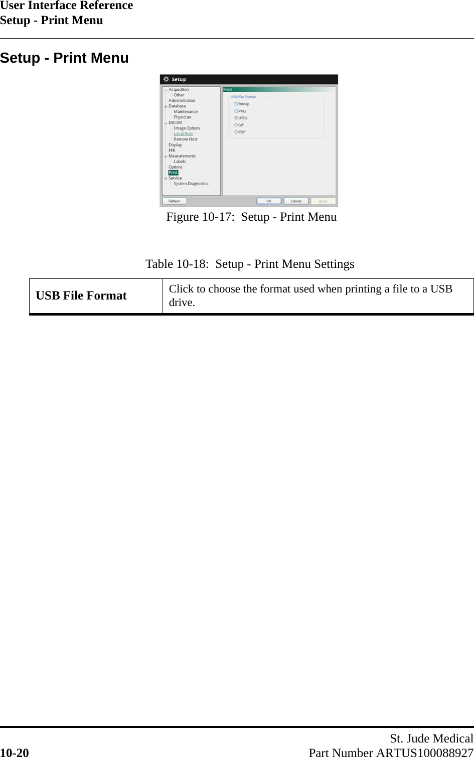 User Interface ReferenceSetup - Print MenuSt. Jude Medical10-20 Part Number ARTUS100088927Setup - Print MenuTable 10-18:  Setup - Print Menu SettingsUSB File Format Click to choose the format used when printing a file to a USB drive.Figure 10-17:  Setup - Print Menu