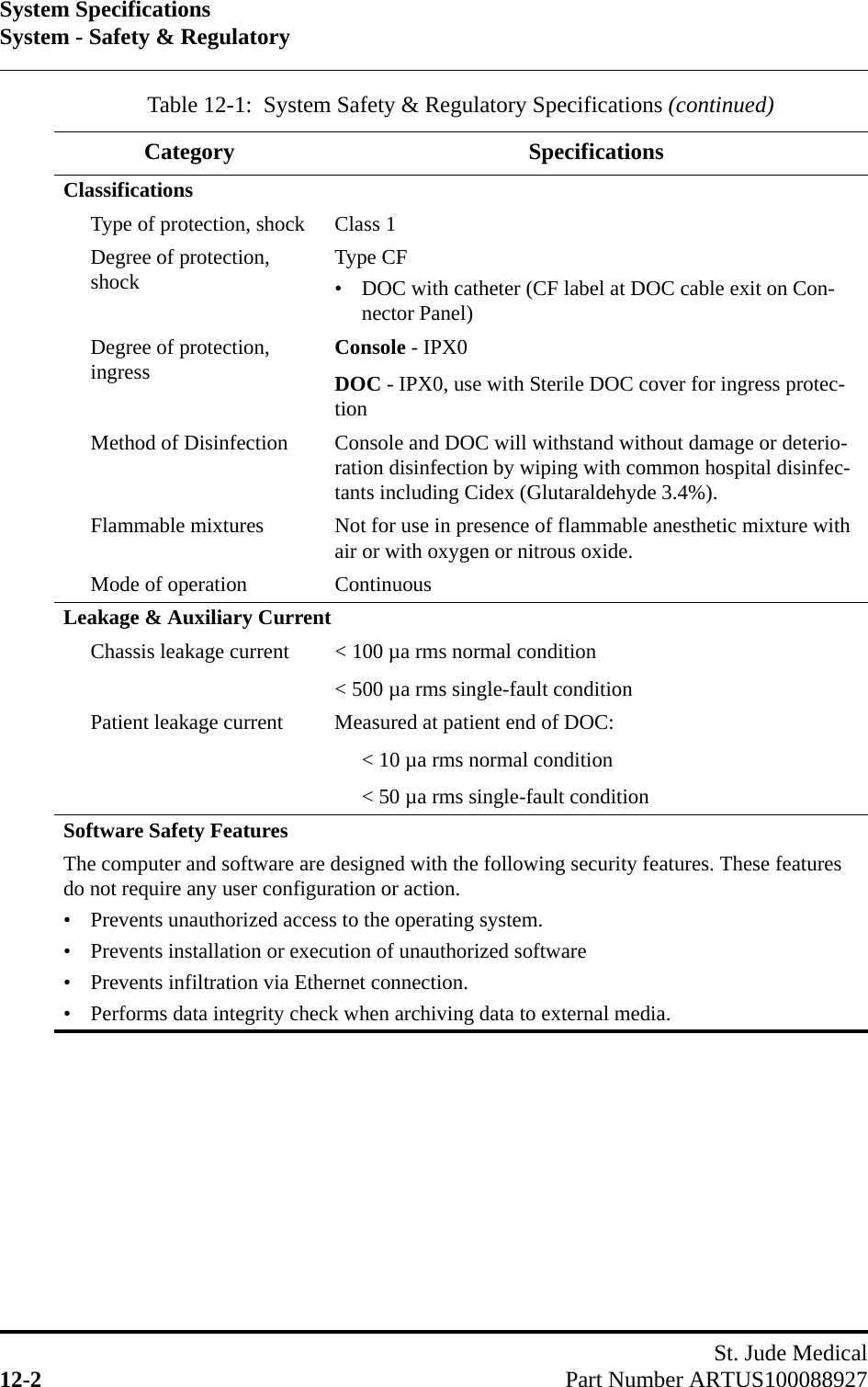 System SpecificationsSystem - Safety &amp; RegulatorySt. Jude Medical12-2 Part Number ARTUS100088927ClassificationsType of protection, shock Class 1Degree of protection, shock Type CF• DOC with catheter (CF label at DOC cable exit on Con-nector Panel)Degree of protection, ingress Console - IPX0DOC - IPX0, use with Sterile DOC cover for ingress protec-tionMethod of Disinfection Console and DOC will withstand without damage or deterio-ration disinfection by wiping with common hospital disinfec-tants including Cidex (Glutaraldehyde 3.4%).Flammable mixtures Not for use in presence of flammable anesthetic mixture with air or with oxygen or nitrous oxide.Mode of operation ContinuousLeakage &amp; Auxiliary CurrentChassis leakage current &lt; 100 µa rms normal condition&lt; 500 µa rms single-fault conditionPatient leakage current Measured at patient end of DOC:&lt; 10 µa rms normal condition&lt; 50 µa rms single-fault conditionSoftware Safety FeaturesThe computer and software are designed with the following security features. These features do not require any user configuration or action.• Prevents unauthorized access to the operating system.• Prevents installation or execution of unauthorized software• Prevents infiltration via Ethernet connection.• Performs data integrity check when archiving data to external media.Table 12-1:  System Safety &amp; Regulatory Specifications (continued)Category Specifications