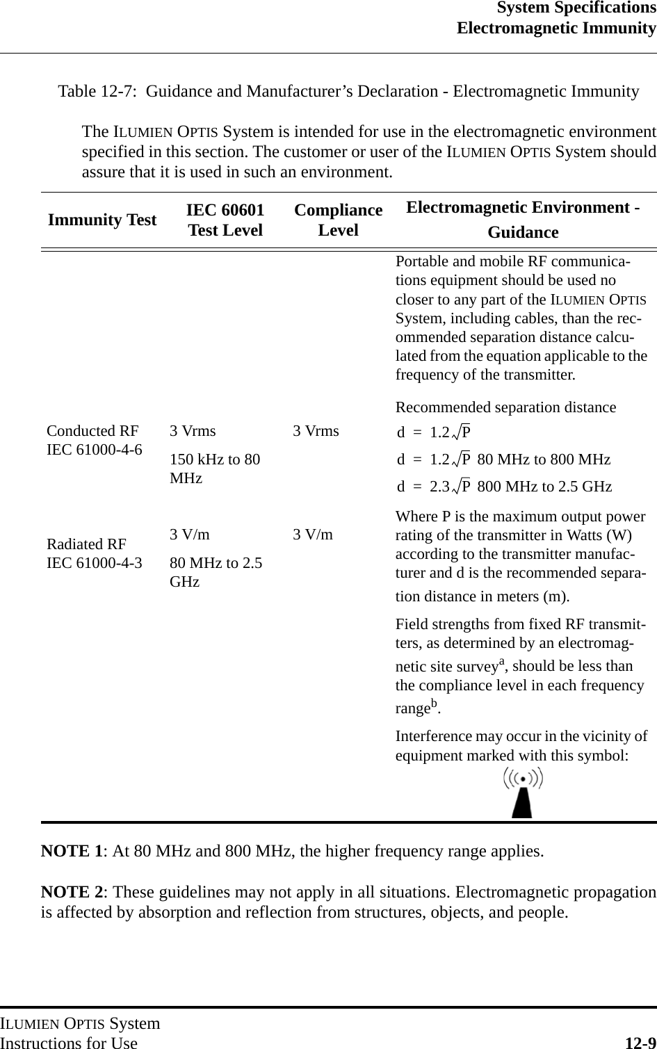 System SpecificationsElectromagnetic ImmunityILUMIEN OPTIS SystemInstructions for Use 12-9NOTE 1: At 80 MHz and 800 MHz, the higher frequency range applies.NOTE 2: These guidelines may not apply in all situations. Electromagnetic propagationis affected by absorption and reflection from structures, objects, and people.Table 12-7:  Guidance and Manufacturer’s Declaration - Electromagnetic Immunity The ILUMIEN OPTIS System is intended for use in the electromagnetic environmentspecified in this section. The customer or user of the ILUMIEN OPTIS System shouldassure that it is used in such an environment.Immunity Test IEC 60601 Test Level Compliance Level Electromagnetic Environment - GuidanceConducted RFIEC 61000-4-6Radiated RFIEC 61000-4-33 Vrms 150 kHz to 80 MHz        3 V/m 80 MHz to 2.5 GHz3 Vrms3 V/mPortable and mobile RF communica-tions equipment should be used no closer to any part of the ILUMIEN OPTIS System, including cables, than the rec-ommended separation distance calcu-lated from the equation applicable to the frequency of the transmitter.Recommended separation distance  80 MHz to 800 MHz 800 MHz to 2.5 GHzWhere P is the maximum output power rating of the transmitter in Watts (W) according to the transmitter manufac-turer and d is the recommended separa-tion distance in meters (m).Field strengths from fixed RF transmit-ters, as determined by an electromag-netic site surveya, should be less than the compliance level in each frequency rangeb.Interference may occur in the vicinity of equipment marked with this symbol:d1.2P=d1.2P=d2.3P=