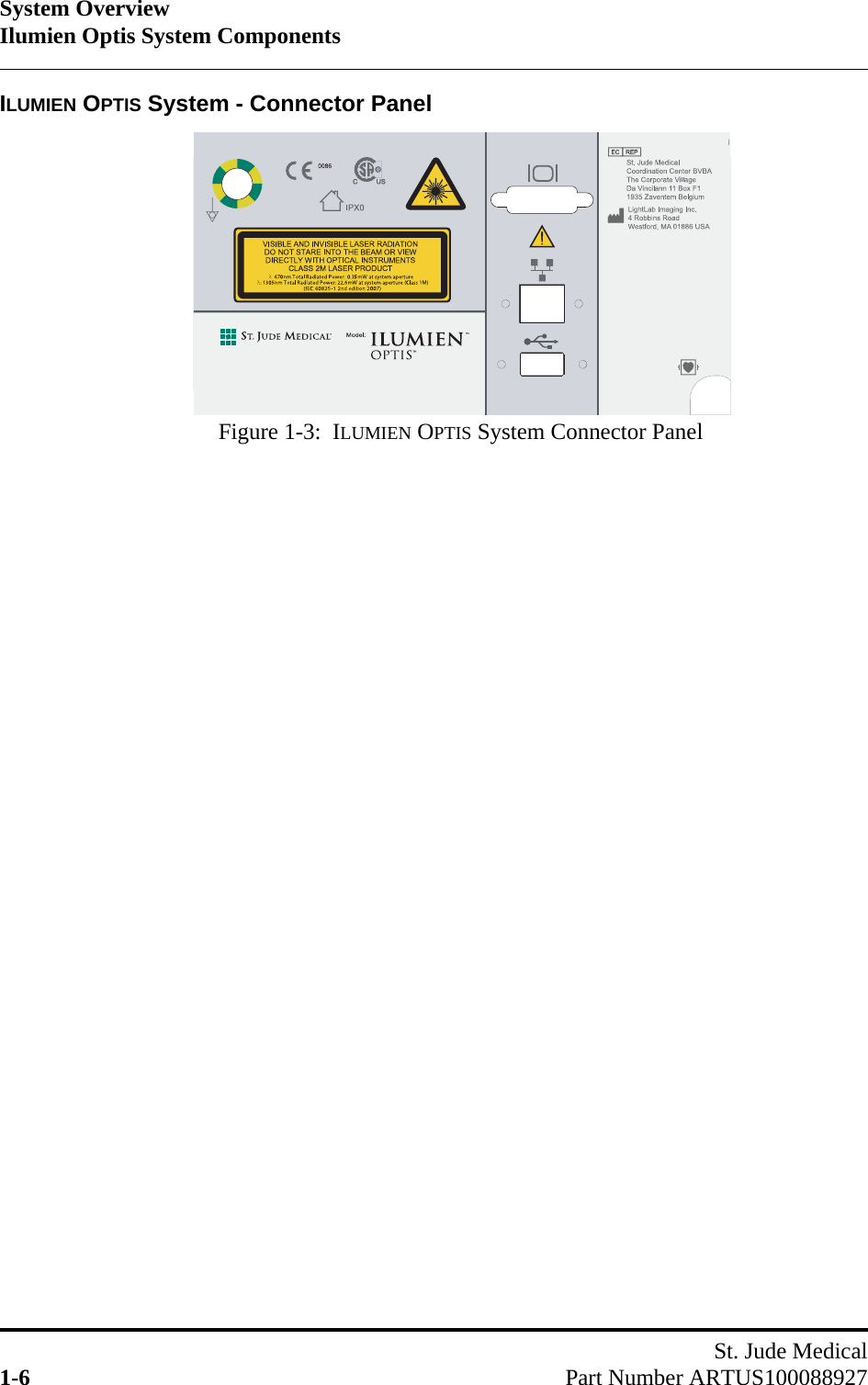 System OverviewIlumien Optis System ComponentsSt. Jude Medical1-6 Part Number ARTUS100088927ILUMIEN OPTIS System - Connector PanelFigure 1-3:  ILUMIEN OPTIS System Connector Panel