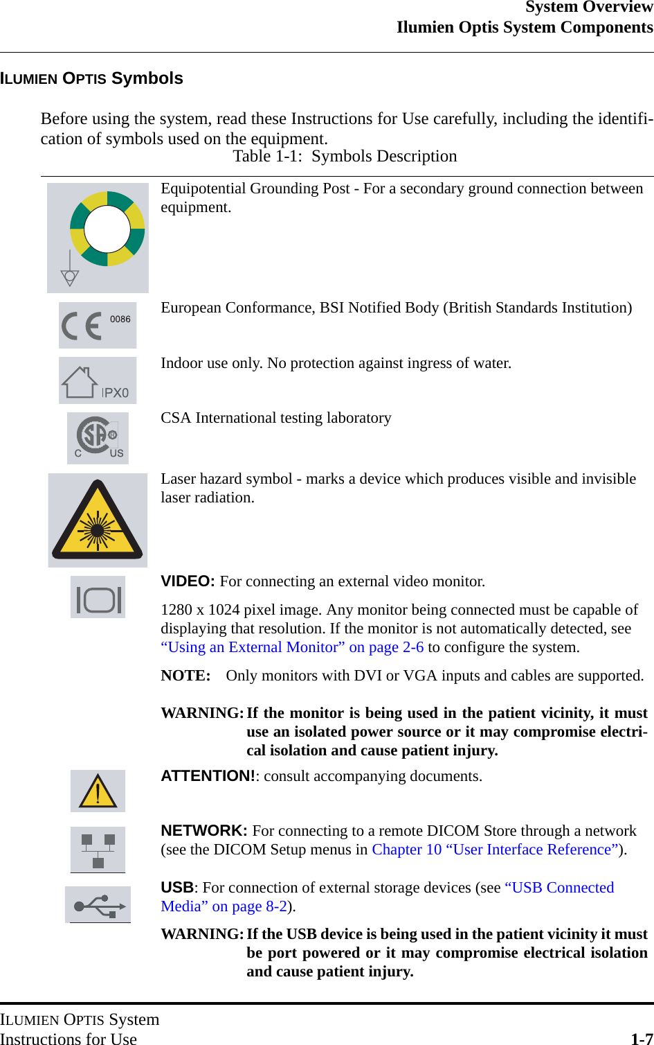 System OverviewIlumien Optis System ComponentsILUMIEN OPTIS SystemInstructions for Use 1-7ILUMIEN OPTIS SymbolsBefore using the system, read these Instructions for Use carefully, including the identifi-cation of symbols used on the equipment.Table 1-1:  Symbols DescriptionEquipotential Grounding Post - For a secondary ground connection between equipment.European Conformance, BSI Notified Body (British Standards Institution)Indoor use only. No protection against ingress of water.CSA International testing laboratoryLaser hazard symbol - marks a device which produces visible and invisible laser radiation.VIDEO: For connecting an external video monitor.1280 x 1024 pixel image. Any monitor being connected must be capable of displaying that resolution. If the monitor is not automatically detected, see “Using an External Monitor” on page 2-6 to configure the system.NOTE:  Only monitors with DVI or VGA inputs and cables are supported.WARNING:If the monitor is being used in the patient vicinity, it mustuse an isolated power source or it may compromise electri-cal isolation and cause patient injury.ATTENTION!: consult accompanying documents.NETWORK: For connecting to a remote DICOM Store through a network (see the DICOM Setup menus in Chapter 10 “User Interface Reference”).USB: For connection of external storage devices (see “USB Connected Media” on page 8-2).WARNING:If the USB device is being used in the patient vicinity it mustbe port powered or it may compromise electrical isolationand cause patient injury.