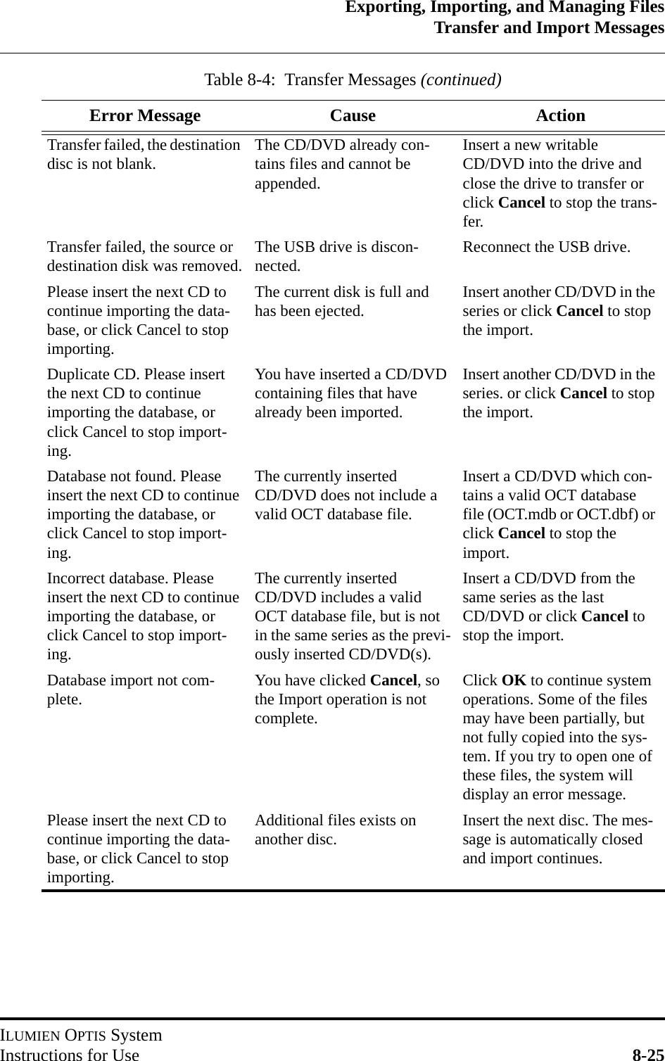 Exporting, Importing, and Managing FilesTransfer and Import MessagesILUMIEN OPTIS SystemInstructions for Use 8-25Transfer failed, the destination disc is not blank. The CD/DVD already con-tains files and cannot be appended.Insert a new writable CD/DVD into the drive and close the drive to transfer or click Cancel to stop the trans-fer.Transfer failed, the source or destination disk was removed. The USB drive is discon-nected. Reconnect the USB drive.Please insert the next CD to continue importing the data-base, or click Cancel to stop importing.The current disk is full and has been ejected. Insert another CD/DVD in the series or click Cancel to stop the import.Duplicate CD. Please insert the next CD to continue importing the database, or click Cancel to stop import-ing.You have inserted a CD/DVD containing files that have already been imported.Insert another CD/DVD in the series. or click Cancel to stop the import.Database not found. Please insert the next CD to continue importing the database, or click Cancel to stop import-ing.The currently inserted CD/DVD does not include a valid OCT database file.Insert a CD/DVD which con-tains a valid OCT database file (OCT.mdb or OCT.dbf) or click Cancel to stop the import.Incorrect database. Please insert the next CD to continue importing the database, or click Cancel to stop import-ing.The currently inserted CD/DVD includes a valid OCT database file, but is not in the same series as the previ-ously inserted CD/DVD(s).Insert a CD/DVD from the same series as the last CD/DVD or click Cancel to stop the import.Database import not com-plete. You have clicked Cancel, so the Import operation is not complete.Click OK to continue system operations. Some of the files may have been partially, but not fully copied into the sys-tem. If you try to open one of these files, the system will display an error message.Please insert the next CD to continue importing the data-base, or click Cancel to stop importing.Additional files exists on another disc. Insert the next disc. The mes-sage is automatically closed and import continues.Table 8-4:  Transfer Messages (continued)Error Message Cause Action