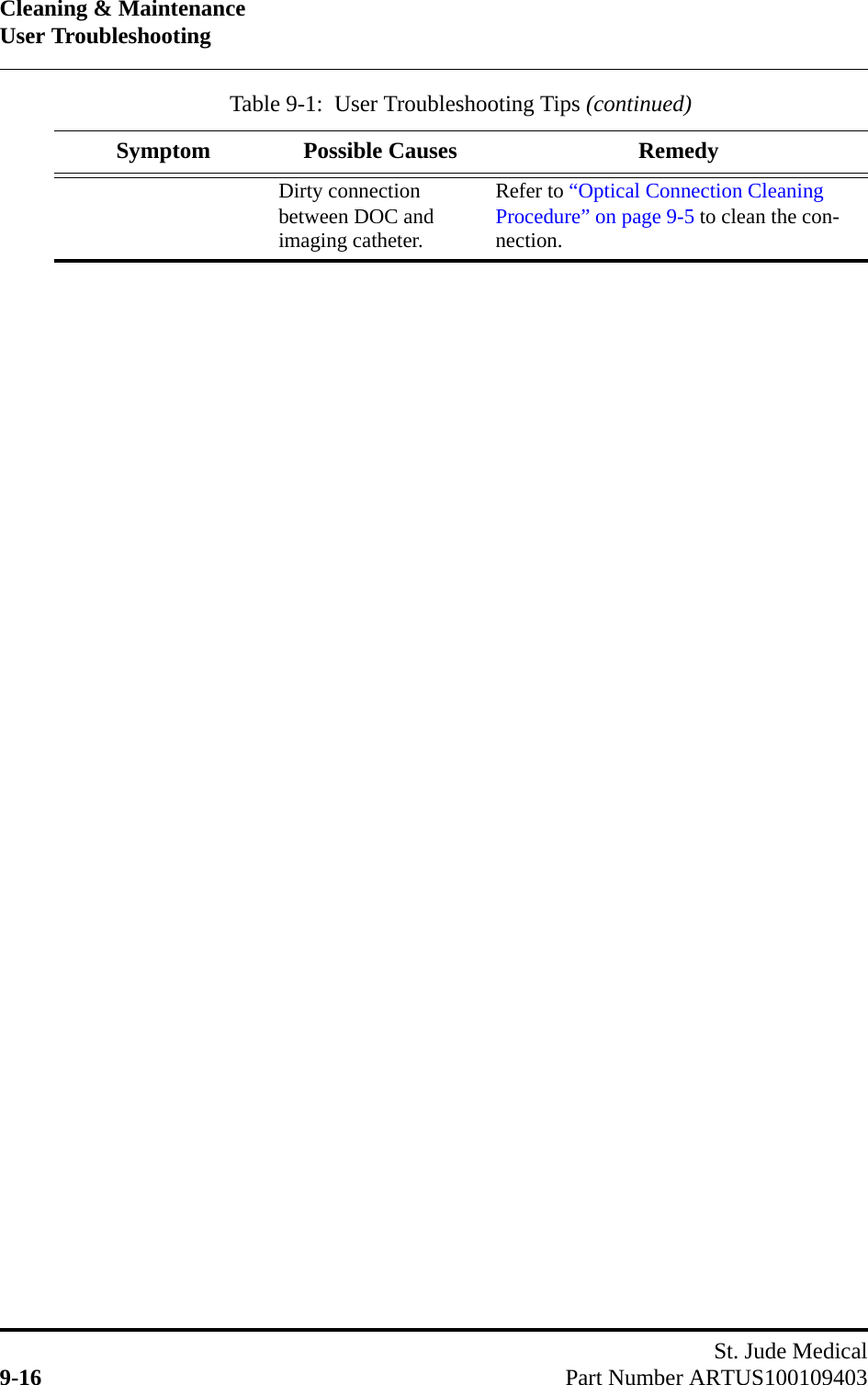 Cleaning &amp; MaintenanceUser TroubleshootingSt. Jude Medical9-16 Part Number ARTUS100109403Dirty connection between DOC and imaging catheter.Refer to “Optical Connection Cleaning Procedure” on page 9-5 to clean the con-nection.Table 9-1:  User Troubleshooting Tips (continued)Symptom Possible Causes Remedy