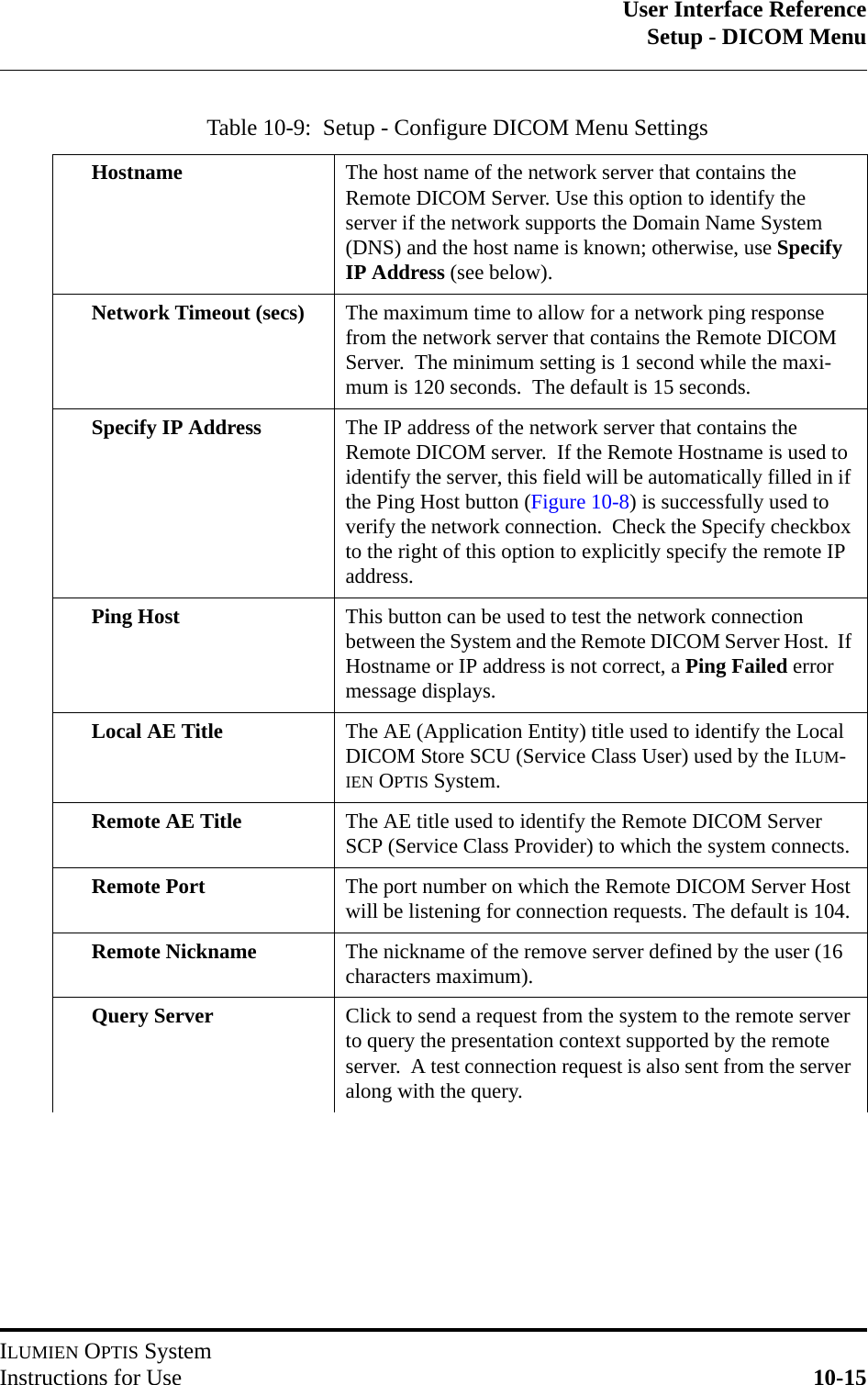 User Interface ReferenceSetup - DICOM MenuILUMIEN OPTIS SystemInstructions for Use 10-15Table 10-9:  Setup - Configure DICOM Menu SettingsHostname The host name of the network server that contains the Remote DICOM Server. Use this option to identify the server if the network supports the Domain Name System (DNS) and the host name is known; otherwise, use Specify IP Address (see below).Network Timeout (secs) The maximum time to allow for a network ping response from the network server that contains the Remote DICOM Server.  The minimum setting is 1 second while the maxi-mum is 120 seconds.  The default is 15 seconds.Specify IP Address The IP address of the network server that contains the Remote DICOM server.  If the Remote Hostname is used to identify the server, this field will be automatically filled in if the Ping Host button (Figure 10-8) is successfully used to verify the network connection.  Check the Specify checkbox to the right of this option to explicitly specify the remote IP address.Ping Host This button can be used to test the network connection between the System and the Remote DICOM Server Host.  If Hostname or IP address is not correct, a Ping Failed error message displays. Local AE Title The AE (Application Entity) title used to identify the Local DICOM Store SCU (Service Class User) used by the ILUM-IEN OPTIS System.Remote AE Title The AE title used to identify the Remote DICOM Server SCP (Service Class Provider) to which the system connects.Remote Port The port number on which the Remote DICOM Server Host will be listening for connection requests. The default is 104.Remote Nickname The nickname of the remove server defined by the user (16 characters maximum).Query Server Click to send a request from the system to the remote server to query the presentation context supported by the remote server.  A test connection request is also sent from the server along with the query. 