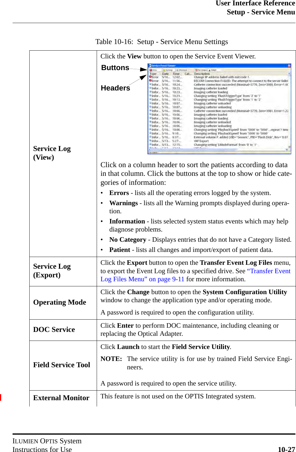 User Interface ReferenceSetup - Service MenuILUMIEN OPTIS SystemInstructions for Use 10-27Table 10-16:  Setup - Service Menu SettingsService Log (View)Click the View button to open the Service Event Viewer.Click on a column header to sort the patients according to data in that column. Click the buttons at the top to show or hide cate-gories of information:•Errors - lists all the operating errors logged by the system.•Warnings - lists all the Warning prompts displayed during opera-tion.•Information - lists selected system status events which may help diagnose problems.•No Category - Displays entries that do not have a Category listed.•Patient - lists all changes and import/export of patient data.Service Log (Export)Click the Export button to open the Transfer Event Log Files menu, to export the Event Log files to a specified drive. See “Transfer Event Log Files Menu” on page 9-11 for more information.Operating ModeClick the Change button to open the System Configuration Utility window to change the application type and/or operating mode.A password is required to open the configuration utility.DOC Service Click Enter to perform DOC maintenance, including cleaning or replacing the Optical Adapter.Field Service ToolClick Launch to start the Field Service Utility.NOTE: The service utility is for use by trained Field Service Engi-neers. A password is required to open the service utility.External Monitor This feature is not used on the OPTIS Integrated system.ButtonsHeaders