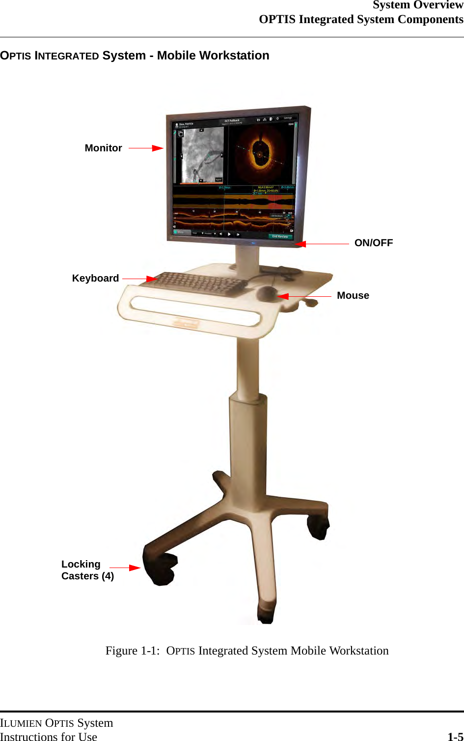 System OverviewOPTIS Integrated System ComponentsILUMIEN OPTIS SystemInstructions for Use 1-5OPTIS INTEGRATED System - Mobile WorkstationLocking KeyboardMonitorMouseCasters (4) ON/OFFFigure 1-1:  OPTIS Integrated System Mobile Workstation