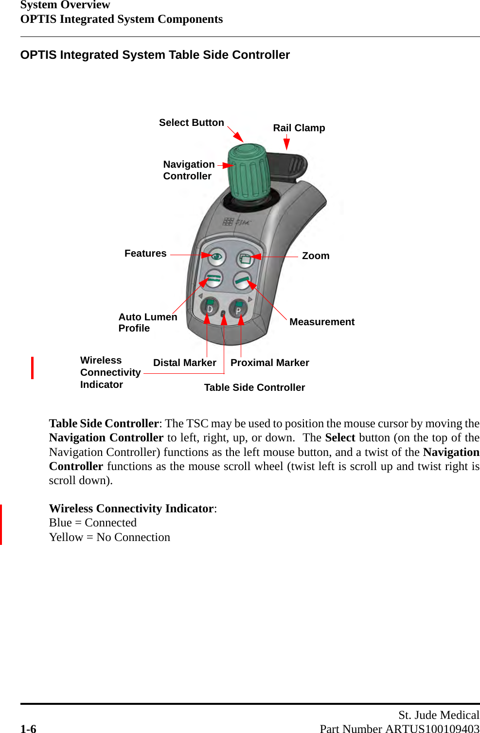 System OverviewOPTIS Integrated System ComponentsSt. Jude Medical1-6 Part Number ARTUS100109403OPTIS Integrated System Table Side ControllerTable Side Controller: The TSC may be used to position the mouse cursor by moving theNavigation Controller to left, right, up, or down.  The Select button (on the top of theNavigation Controller) functions as the left mouse button, and a twist of the NavigationController functions as the mouse scroll wheel (twist left is scroll up and twist right isscroll down).Wireless Connectivity Indicator: Blue = Connected Yellow = No ConnectionNavigation Rail ClampZoomFeaturesMeasurementAuto LumenProfileDistal Marker     Proximal MarkerTable Side ControllerSelect ButtonControllerWireless ConnectivityIndicator
