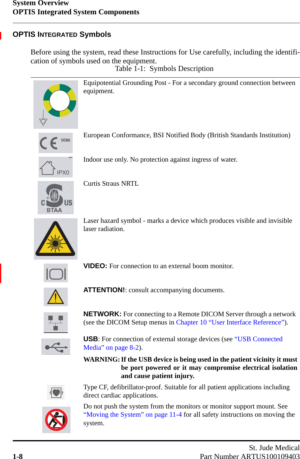 System OverviewOPTIS Integrated System ComponentsSt. Jude Medical1-8 Part Number ARTUS100109403OPTIS INTEGRATED SymbolsBefore using the system, read these Instructions for Use carefully, including the identifi-cation of symbols used on the equipment.Table 1-1:  Symbols DescriptionEquipotential Grounding Post - For a secondary ground connection between equipment.European Conformance, BSI Notified Body (British Standards Institution)Indoor use only. No protection against ingress of water.Curtis Straus NRTLLaser hazard symbol - marks a device which produces visible and invisible laser radiation.VIDEO: For connection to an external boom monitor.ATTENTION!: consult accompanying documents.NETWORK: For connecting to a Remote DICOM Server through a network (see the DICOM Setup menus in Chapter 10 “User Interface Reference”).USB: For connection of external storage devices (see “USB Connected Media” on page 8-2).WARNING:If the USB device is being used in the patient vicinity it mustbe port powered or it may compromise electrical isolationand cause patient injury.Type CF, defibrillator-proof. Suitable for all patient applications including direct cardiac applications.Do not push the system from the monitors or monitor support mount. See “Moving the System” on page 11-4 for all safety instructions on moving the system.