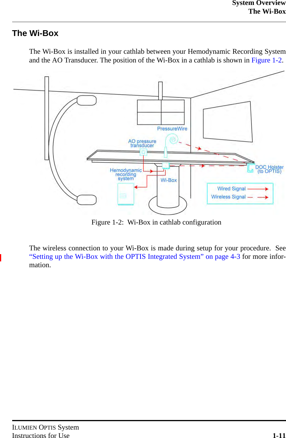 System OverviewThe Wi-BoxILUMIEN OPTIS SystemInstructions for Use 1-11The Wi-BoxThe Wi-Box is installed in your cathlab between your Hemodynamic Recording Systemand the AO Transducer. The position of the Wi-Box in a cathlab is shown in Figure 1-2.The wireless connection to your Wi-Box is made during setup for your procedure.  See“Setting up the Wi-Box with the OPTIS Integrated System” on page 4-3 for more infor-mation.Figure 1-2:  Wi-Box in cathlab configuration 