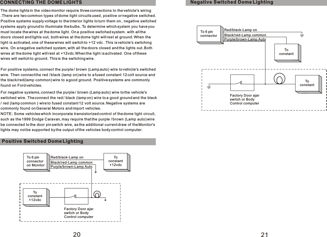 For negative systems, connect the purple / brown (Lamp auto) wire to the vehicle&apos;s switched wire. The connect the red / black (lamp on) wire to a good ground and the black/ red (lamp common ) wire to fused constant 12 volt source. Negative systems arecommonly found on General Motors and import vehicles.NOTE: Some vehicles which incorporate transistorized control of the dome light circuit,such as the 1999 Dodge Caravan, may require that the purple / brown (Lamp auto) wire be connected to the door pin switch wire, as the additional current draw of the Monitor&apos;s lights may not be supported by the output of the vehicles body control computer.CONNECTING THE DOME LIGHTSPositive Switched Dome LightingThe dome lights in the video monitor require three connections to the vehicle&apos;s wiring .There are two common types of dome light circuits used, positive or negative switched. Positive systems supply voltage to the interior lights to turn them on , negative switchedsystems apply ground to illuminate the bulbs. To determine which system you have you must locate the wires at the dome light. On a positive switched system. with all the doors closed and lights out, both wires at the dome light will rest at ground. When the light is activated, one of these wires will switch to +12 vdc . This is vehicle&apos;s switching wire. On a negative switched system, with all the doors closed and the lights out. Both wires at the dome light will rest at +12vdc.When the light is activated. One of these wires will switch to ground. This is the switching wire.For positive systems, connect the purple / brown (Lamp auto) wire to vehicle&apos;s switched wire. Then connect the red / black (lamp on) wire to a fused constant 12 colt source andthe black/red(lamp common) wire to a good ground. Positive systems are commonlyfound on Ford vehicles.To 6 pinconnectoron MonitorToconstant+12vdcToconstant+12vdcFactory Door ajarswitch or BodyControl computerRed/black-Lamp onBlack/red-Lamp commonPurple/brown-Lamp Auto2120Negative Switched Dome LightingTo 6 pinconnectorToconstantFactory Door ajarswitch or BodyControl computerRed/black-Lamp onBlack/red-Lamp commonPurple/brown-Lamp AutoToconstant