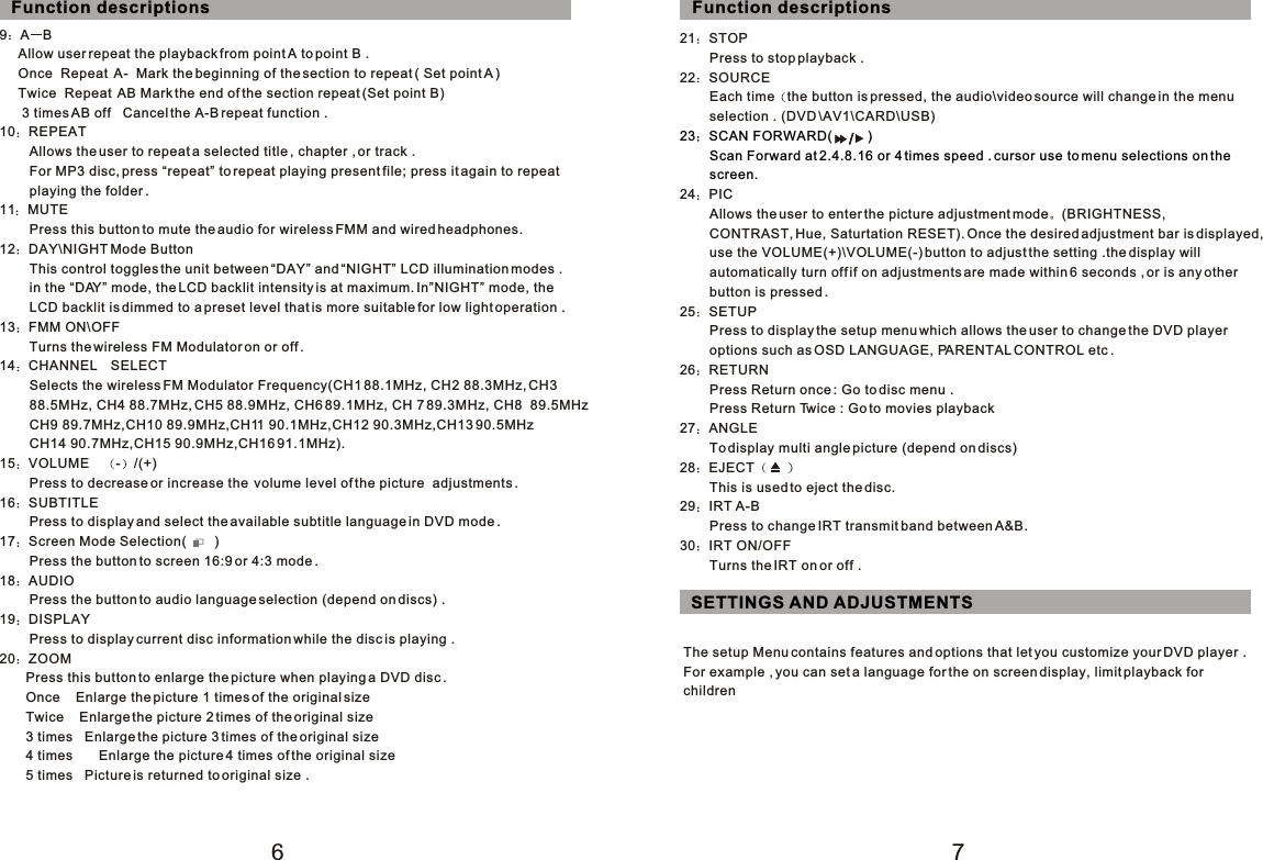 679AB     Allow user repeat the playback from point A to point B .     Once  Repeat A-  Mark the beginning of the section to repeat ( Set point A )     Twice  Repeat  AB Mark the end of the section repeat (Set point B)      3 times AB off   Cancel the A-B repeat function .10 REPEAT        Allows the user to repeat a selected title , chapter , or track .        For MP3 disc, press “repeat” to repeat playing present file; press it again to repeat        playing the folder .11 MUTE        Press this button to mute the audio for wireless FMM and wired headphones.12 DAY\NIGHT Mode Button        This control toggles the unit between “DAY” and “NIGHT” LCD illumination modes .         in the “DAY” mode, the LCD backlit intensity is at maximum. In”NIGHT” mode, the        LCD backlit is dimmed to a preset level that is more suitable for low light operation .13 FMM ON\OFF         Turns the wireless FM Modulator on or off .14 CHANNEL SELECT        Selects the wireless FM Modulator Frequency(CH1 88.1MHz, CH2 88.3MHz, CH3         88.5MHz, CH4 88.7MHz, CH5 88.9MHz, CH6 89.1MHz, CH 7 89.3MHz, CH8  89.5MHz        CH9 89.7MHz,CH10 89.9MHz,CH11 90.1MHz,CH12 90.3MHz,CH13 90.5MHz        CH14 90.7MHz,CH15 90.9MHz,CH16 91.1MHz).15 VOLUME - /(+)        Press to decrease or increase the  volume level of the picture  adjustments .16 SUBTITLE        Press to display and select the available subtitle language in DVD mode .17 Screen Mode Selection(        )        Press the button to screen 16:9 or 4:3 mode .18 AUDIO        Press the button to audio language selection (depend on discs) .19 DISPLAY        Press to display current disc information while the disc is playing .20 ZOOM       Press this button to enlarge the picture when playing a DVD disc .       Once    Enlarge the picture 1 times of the original size       Twice    Enlarge the picture 2 times of the original size       3 times   Enlarge the picture 3 times of the original size       4 times Enlarge the picture 4 times of the original size       5 times   Picture is returned to original size .21 STOP        Press to stop playback .22 SOURCE        Each time the button is pressed, the audio\video source will change in the menu        selection . (DVD \AV1\CARD\USB)24 PIC        Allows the user to enter the picture adjustment mode (BRIGHTNESS,        CONTRAST, Hue, Saturtation RESET). Once the desired adjustment bar is displayed,        use the VOLUME(+)\VOLUME(-) button to adjust the setting .the display will         automatically turn off if on adjustments are made within 6 seconds , or is any other         button is pressed .25 SETUP        Press to display the setup menu which allows the user to change the DVD player        options such as OSD LANGUAGE, PARENTAL CONTROL etc .26 RETURN        Press Return once : Go to disc menu .        Press Return Twice : Go to movies playback27 ANGLE        To display multi angle picture (depend on discs) 28 EJECT        This is used to eject the disc.29 IRT A-B        Press to change IRT transmit band between A&amp;B.30 IRT ON/OFF23 SCAN FORWARD(          )        Scan Forward at 2.4.8.16 or 4 times speed . cursor use to menu selections on the         screen.        Turns the IRT on or off .Function descriptions  Function descriptions SETTINGS AND ADJUSTMENTSThe setup Menu contains features and options that let you customize your DVD player .For example , you can set a language for the on screen display, limit playback for children/
