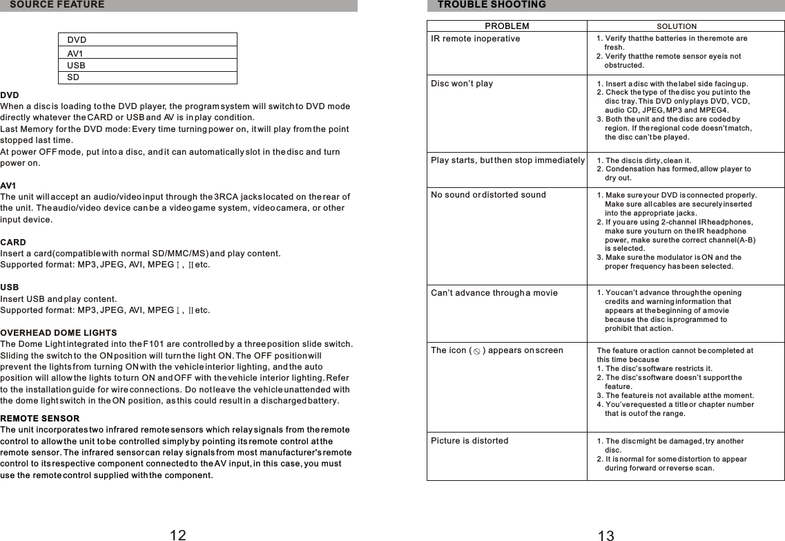 12 13TROUBLE SHOOTINGPROBLEM SOLUTIONIR remote inoperativeDisc won’t playPlay starts, but then stop immediatelyNo sound or distorted soundCan’t advance through a movieThe icon (     ) appears on screenPicture is distorted1. Verify that the batteries in the remote are     fresh.2. Verify that the remote sensor eye is not     obstructed.1. The disc might be damaged, try another     disc.2. It is normal for some distortion to appear    during forward or reverse scan.The feature or action cannot be completed at this time because1. The disc’s software restricts it.2. The disc’s software doesn’t support the     feature.3. The feature is not available at the moment.4. You’ve requested a title or chapter number    that is out of the range.1. You can’t advance through the opening     credits and warning information that     appears at the beginning of a movie     because the disc is programmed to     prohibit that action.1. Make sure your DVD is connected properly.    Make sure all cables are securely inserted     into the appropriate jacks.2. If you are using 2-channel IR headphones,     make sure you turn on the IR headphone     power, make sure the correct channel(A-B)    is selected.3. Make sure the modulator is ON and the    proper frequency has been selected.1. The disc is dirty, clean it.2. Condensation has formed, allow player to     dry out.1. Insert a disc with the label side facing up.2. Check the type of the disc you put into the     disc tray. This DVD only plays DVD, VCD,    audio CD, JPEG, MP3 and MPEG4.3. Both the unit and the disc are coded by     region. If the regional code doesn’t match,     the disc can’t be played.SOURCE FEATUREDVDWhen a disc is loading to the DVD player, the program system will switch to DVD modedirectly whatever the CARD or USB and AV is in play condition.Last Memory for the DVD mode: Every time turning power on, it will play from the point stopped last time.At power OFF mode, put into a disc, and it can automatically slot in the disc and turnpower on.AV1The unit will accept an audio/video input through the 3RCA jacks located on the rear of the unit. The audio/video device can be a video game system, video camera, or otherinput device.CARDInsert a card(compatible with normal SD/MMC/MS) and play content.Supported format: MP3, JPEG, AVI, MPEG , etc.USBInsert USB and play content.Supported format: MP3, JPEG, AVI, MPEG , etc.OVERHEAD DOME LIGHTSThe Dome Light integrated into the F101 are controlled by a three position slide switch.Sliding the switch to the ON position will turn the light ON. The OFF position will prevent the lights from turning ON with the vehicle interior lighting, and the auto position will allow the lights to turn ON and OFF with the vehicle interior lighting. Refer to the installation guide for wire connections. Do not leave the vehicle unattended with the dome light switch in the ON position, as this could result in a discharged battery.REMOTE SENSORThe unit incorporates two infrared remote sensors which relay signals from the remote control to allow the unit to be controlled simply by pointing its remote control at the remote sensor. The infrared sensor can relay signals from most manufacturer&apos;s remote control to its respective component connected to the AV input, in this case, you must use the remote control supplied with the component.DVDAV1USBSD