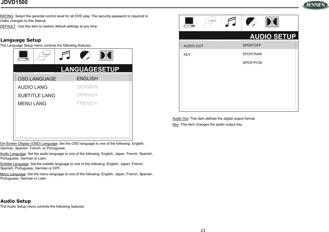 23 JDVD1500 RATING: Select the parental control level for all DVD play. The security password is required to make changes to this feature. DEFAULT: Use this item to restore default settings at any time.  Language Setup The Language Setup menu controls the following features:  On-Screen Display (OSD) Language: Set the OSD language to one of the following: English, German, Spanish, French, or Portuguese. Audio Language: Set the audio language to one of the following: English, Japan, French, Spanish, Portuguese, German or Latin. Subtitle Language: Set the subtitle language to one of the following: English, Japan, French, Spanish, Portuguese, German or OFF. Menu Language: Set the menu language to one of the following: English, Japan, French, Spanish, Portuguese, German or Latin.   Audio Setup The Audio Setup menu controls the following features:  Audio Out: This item defines the digital output format. Key: This item changes the audio output key.  AUDIO SETUP AUDIO OUT KEY SPDIF/OFF SPDIF/RAW SPDIF/PCM LANGUAGESETUP OSD LANGUAGE AUDIO LANG SUBTITLE LANG MENU LANG ENGLISH GERMAN SPANISH FRENCH 