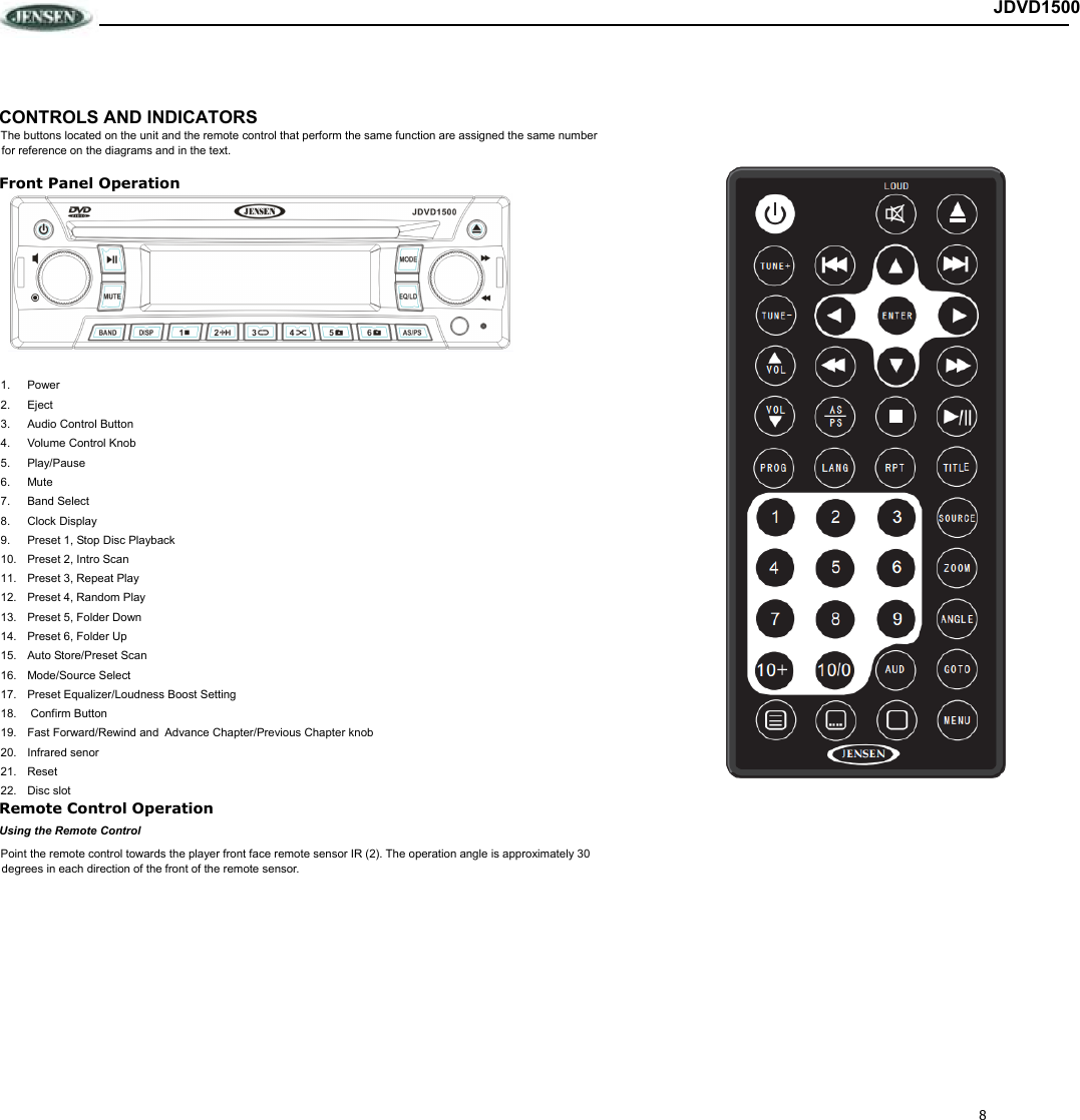 8 JDVD1500CONTROLS AND INDICATORS The buttons located on the unit and the remote control that perform the same function are assigned the same number for reference on the diagrams and in the text. Front Panel Operation  1.  Power 2.  Eject 3.  Audio Control Button 4.  Volume Control Knob 5.  Play/Pause 6.  Mute 7.  Band Select 8.  Clock Display 9.  Preset 1, Stop Disc Playback 10.  Preset 2, Intro Scan 11.  Preset 3, Repeat Play 12.  Preset 4, Random Play 13.  Preset 5, Folder Down 14.  Preset 6, Folder Up 15.  Auto Store/Preset Scan 16.  Mode/Source Select 17.  Preset Equalizer/Loudness Boost Setting  18.   Confirm Button 19.  Fast Forward/Rewind and  Advance Chapter/Previous Chapter knob 20.  Infrared senor 21.  Reset 22.  Disc slot Remote Control Operation Using the Remote Control Point the remote control towards the player front face remote sensor IR (2). The operation angle is approximately 30 degrees in each direction of the front of the remote sensor.                                                                                                                          