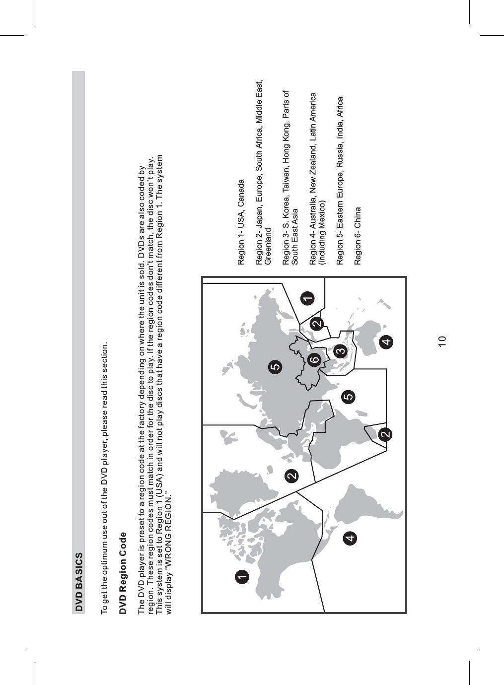 DVD BASICS10To get the optimum use out of the DVD player, please read this section.The DVD player is preset to a region code at the factory depending on where the unit is sold. DVDs are also coded byregion. These region codes must match in order for the disc to play. If the region codes don’t match, the disc won’t play.This system is set to Region 1 (USA) and will not play discs that have a region code different from Region 1. The systemwill display “WRONG REGION.”DVD Region CodeRegion 1- USA, CanadaRegion 2- Japan, Europe, South Africa, Middle East,GreenlandRegion 3- S. Korea, Taiwan, Hong Kong, Parts ofSouth East AsiaRegion 4- Australia, New Zealand, Latin America(including Mexico)Region 5- Eastern Europe, Russia, India, AfricaRegion 6- China