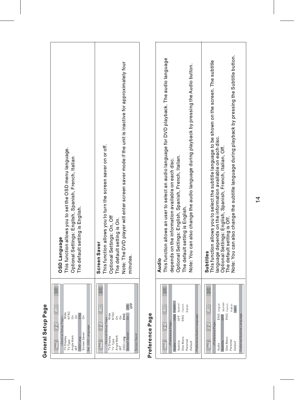 General Setup PageOSD LanguageThis function allows you to set the OSD menu language.Optional Settings: English, Spanish, French, ItalianThe default setting is English.Screen SaverThis function allows you to turn the screen saver on or off.Optional Settings: On, OffThe default setting is On.Note: The DVD player will enter screen saver mode if the unit is inactive for approximately fourminutes.Preference PageAudioThis function allows an user to select an audio language for DVD playback. The audio languagedepends on the information available on each disc.Optional Settings: English, Spanish, French, Italian.The default setting is English.Note You can also change the audio language during playback by pressing the Audio button.:SubtitlesThis function allows you to select the subtitle language to be shown on the screen. The subtitlelanguage depends on the information available on each disc.Optional Settings: English, Spanish, French, Italian, Off.The default setting is Off.Note: You can also change the subtitle language during playback by pressing the Subtitle button.14