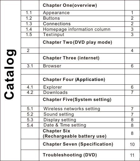 Chapter One(overview)Appearance    ButtonsHomepage information column    Text input    ConnectionsCatalog1.11.21.31.41.512233Chapter Two (DVD play mode)Chapter Three (internet)Browser3.1246Chapter Four ( )Application  Explorer   Downloads  4.14.25.15.25.35.4 Chapter Six (Rechargeable battery use)Chapter Seven (Specification)677788810Chapter Five(System setting)  Wireless networks setting  Sound setting  Display setting  Date &amp; Time setting  Troubleshooting (DVD) 11