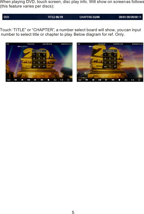 When playing DVD, touch screen, disc play info. Will show on screen as follows (this feature varies per discs):Touch ‘TITLE” or “CHAPTER”, a number select board will show, you can input number to select title or chapter to play. Below diagram for ref. Only.5