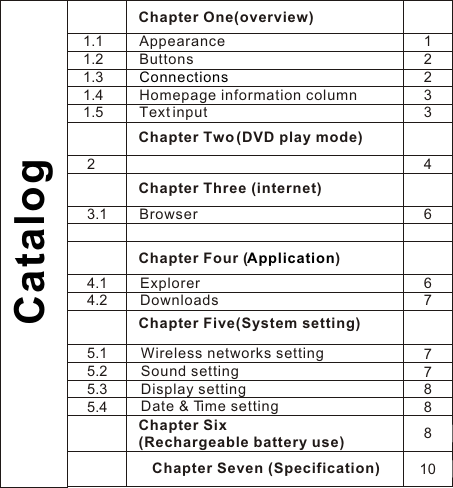 Chapter One(overview)Appearance    ButtonsHomepage information column    Text input    ConnectionsCatalog1.11.21.31.41.512233Chapter Two (DVD play mode)Chapter Three (internet)Browser3.1246Chapter Four ( )Application  Explorer   Downloads  4.14.25.15.25.35.4 Chapter Six (Rechargeable battery use)Chapter Seven (Specification)677788810Chapter Five(System setting)  Wireless networks setting  Sound setting  Display setting  Date &amp; Time setting  