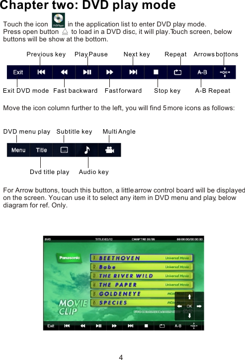 Previous key     Play Pause         Next key         Repeat    Arrows bottonsChapter two: DVD play modeExit DVD mode   Fast backward    Fast forward       Stop key         A-B RepeatDVD menu play    Subtitle key      Multi AngleDvd title play      Audio key Touch the icon           in the application list to enter DVD play mode.Press open button       to load in a DVD disc, it will play.Touch screen, below buttons will be show at the bottom.Move the icon column further to the left, you will find 5 more icons as follows:For Arrow buttons, touch this button, a little arrow control board will be displayed on the screen. You can use it to select any item in DVD menu and play, below diagram for ref. Only. 4