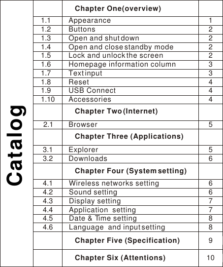 Chapter One(overview)Appearance    ButtonsOpen and shut downOpen and close standby modeLock and unlock the screenHomepage information column    Text input    ResetUSB Connect    AccessoriesCatalog1.11.21.31.41.51.61.71.81.91.101222233444Chapter Two (Internet)    BrowserChapter Three (Applications)Explorer Downloads2.13.13.2556Chapter Four (System setting)  Wireless networks setting  Sound setting  Display setting  Application  setting  Date &amp; Time setting  Language  and input setting4.14.24.34.44.54.6Chapter Five (Specification)Chapter Six (Attentions)667788910