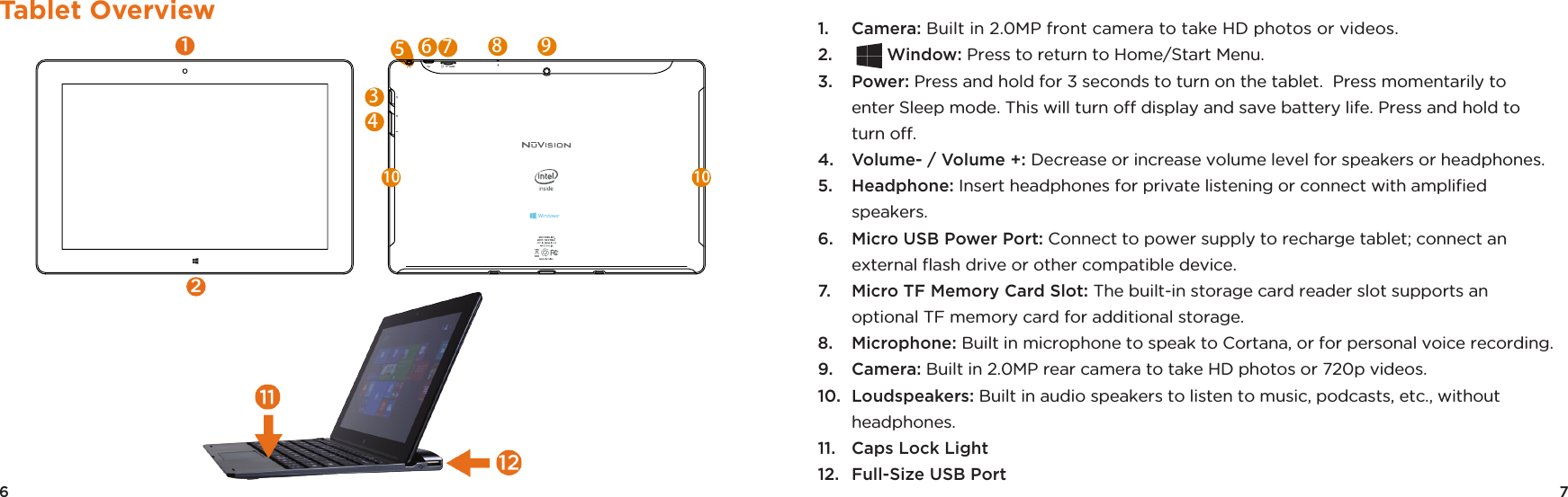 71.  Camera: Built in 2.0MP front camera to take HD photos or videos.2.     Window: Press to return to Home/Start Menu.3.  Power: Press and hold for 3 seconds to turn on the tablet.  Press momentarily to enter Sleep mode. This will turn o display and save battery life. Press and hold to turn o.4.  Volume- / Volume +: Decrease or increase volume level for speakers or headphones.5.  Headphone: Insert headphones for private listening or connect with ampliﬁed speakers.6.  Micro USB Power Port: Connect to power supply to recharge tablet; connect an external ﬂash drive or other compatible device.7.  Micro TF Memory Card Slot: The built-in storage card reader slot supports an optional TF memory card for additional storage.8.  Microphone: Built in microphone to speak to Cortana, or for personal voice recording.9.  Camera: Built in 2.0MP rear camera to take HD photos or 720p videos. 10.  Loudspeakers: Built in audio speakers to listen to music, podcasts, etc., without headphones. 11.  Caps Lock Light12.  Full-Size USB Port6Tablet Overview12657910 10843