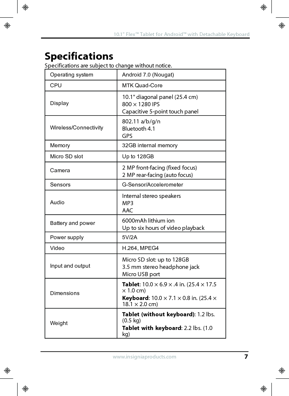 SpecificationsSpecifications are subject to change without notice.Operating system Android 7.0 (Nougat)CPU MTKQuad-CoreDisplay10.1&quot; diagonal panel (25.4 cm)800 × 1280 IPSCapacitive 5-point touch panelWireless/Connectivity802.11 a/b/g/nBluetooth 4.1GPSMemory 32GB internal memoryMicro SD slot Up to 128GBCamera 2 MP front-facing (fixed focus)2 MP rear-facing (auto focus)Sensors G-Sensor/AccelerometerAudioInternal stereo speakersMP3AACBattery and power 6000mAh lithium ionUp to six hours of video playbackPower supply 5V/2AVideo H.264, MPEG4Input and outputMicro SD slot: up to 128GB3.5 mm stereo headphone jackMicro USB portDimensionsTablet:10.0 × 6.9 × .4 in. (25.4 × 17.5× 1.0 cm)Keyboard:10.0 × 7.1 × 0.8 in. (25.4 ×18.1 × 2.0 cm)WeightTablet (without keyboard):1.2 lbs.(0.5 kg)Tablet with keyboard:2.2 lbs. (1.0kg)www.insigniaproducts.com10.1&quot;Flex™ Tablet for Android™ with Detachable Keyboard7