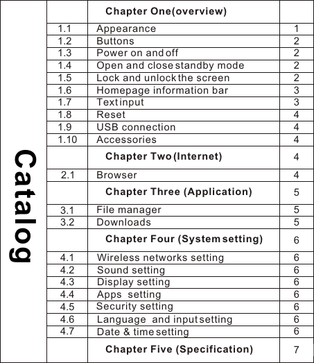 Chapter One(overview)Appearance    ButtonsPower on and offOpen and close standby modeLock and unlock the screenHomepage information bar    Text input    ResetUSB connection    AccessoriesChapter Two (Internet)    BrowserChapter Three (Application)File managerDownloads   Catalog1.11.21.31.41.51.61.71.81.91.102.13.13.2Chapter Four (System setting)  Wireless networks setting  Sound setting  Display setting  Apps  setting  Language  and input setting4.14.24.34.44.54.64.7Chapter Five (Specification)122223344444556566666667 Date &amp; time settingSecurity setting