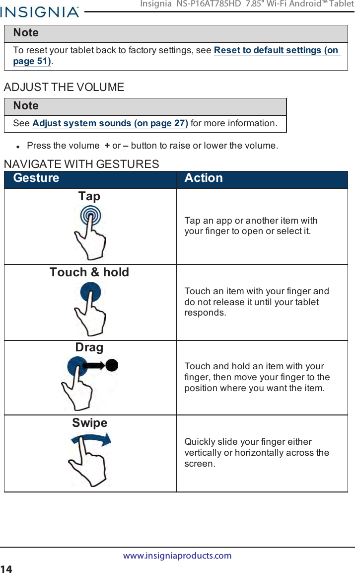 NoteTo reset your tablet back to factory settings, see Reset to default settings (onpage51).ADJUST THE VOLUMENoteSee Adjust system sounds (on page27) for more information.lPress the volume +or –button to raise or lower the volume.NAVIGATE WITH GESTURESGesture ActionTapTap an app or another item withyour finger to open or select it.Touch &amp; holdTouch an item with your finger anddo not release it until your tabletresponds.DragTouch and hold an item with yourfinger, then move your finger to theposition where you want the item.SwipeQuickly slide your finger eithervertically or horizontally across thescreen.www.insigniaproducts.com14Insignia NS-P16AT785HD 7.85&quot; Wi-Fi Android™ Tablet