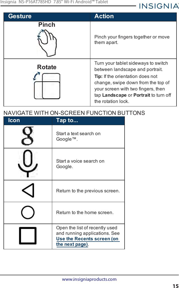 Gesture ActionPinchPinch your fingers together or movethem apart.Rotate Turn your tablet sideways to switchbetween landscape and portrait.Tip: If the orientation does notchange, swipe down from the top ofyour screen with two fingers, thentap Landscape or Portrait to turn offthe rotation lock.NAVIGATE WITH ON-SCREEN FUNCTION BUTTONSIcon Tap to...Start a text search onGoogle™.Start a voice search onGoogle.Return to the previous screen.Return to the home screen.Open the list of recently usedand running applications. SeeUse the Recents screen (onthe next page).www.insigniaproducts.com15Insignia NS-P16AT785HD 7.85&quot; Wi-Fi Android™ Tablet