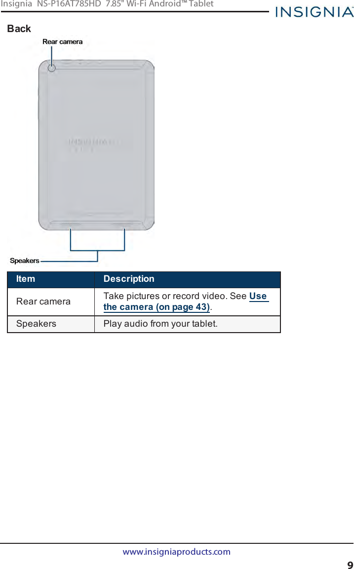 BackItem DescriptionRear camera Take pictures or record video. See Usethe camera (on page43).Speakers Play audio from your tablet.www.insigniaproducts.com9Insignia NS-P16AT785HD 7.85&quot; Wi-Fi Android™ Tablet