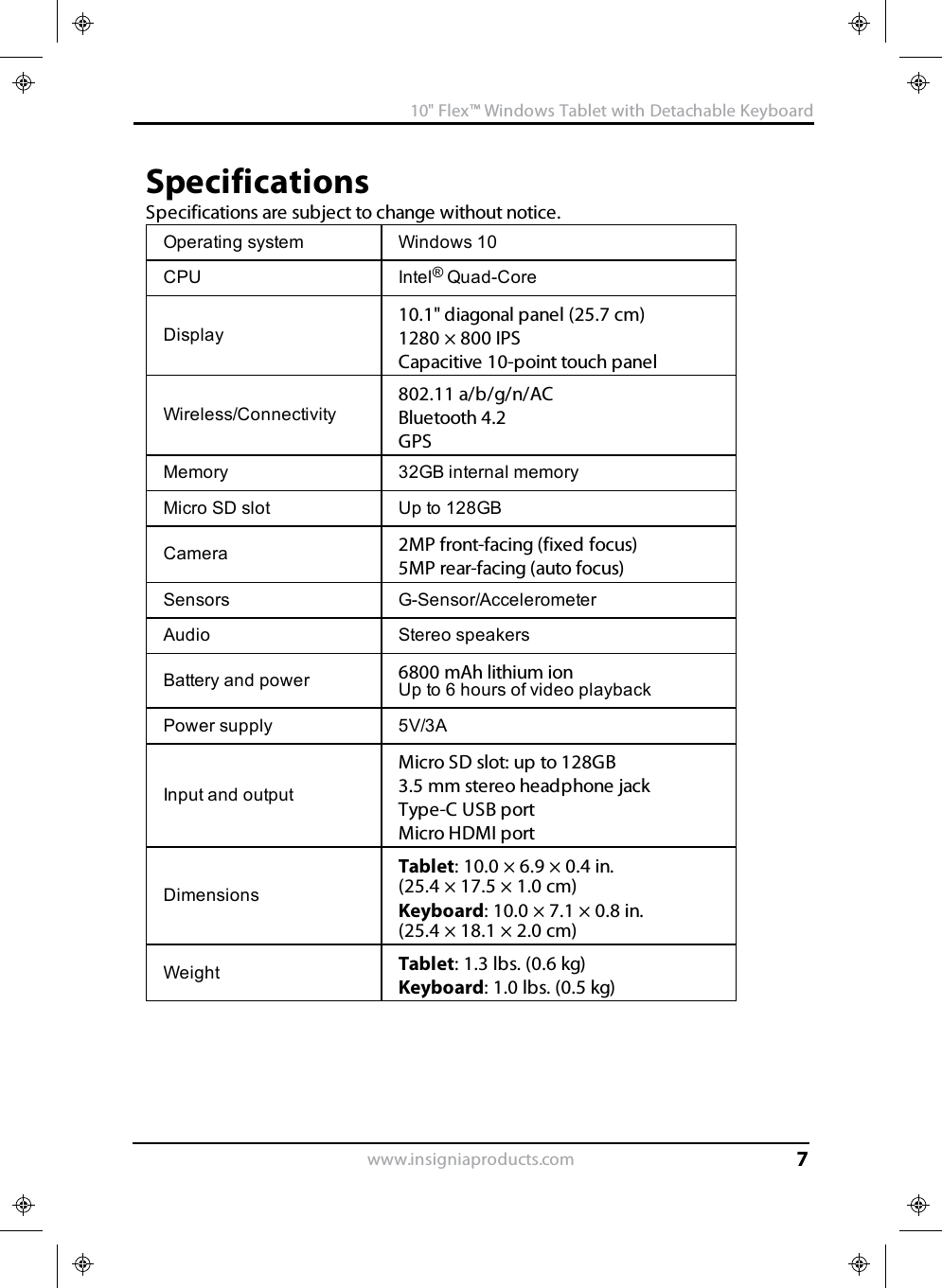 SpecificationsSpecifications are subject to change without notice.Operating system Windows 10CPU Intel®Quad-CoreDisplay10.1&quot; diagonal panel (25.7 cm)1280 × 800 IPSCapacitive 10-point touch panelWireless/Connectivity802.11 a/b/g/n/ACBluetooth 4.2GPSMemory 32GB internal memoryMicro SD slot Up to 128GBCamera 2MP front-facing (fixed focus)5MP rear-facing (auto focus)Sensors G-Sensor/AccelerometerAudio Stereo speakersBattery and power 6800 mAh lithium ionUp to 6 hours of video playbackPower supply 5V/3AInput and outputMicro SD slot: up to 128GB3.5 mm stereo headphone jackType-C USB portMicro HDMI portDimensionsTablet:10.0 × 6.9 × 0.4 in.(25.4 × 17.5 × 1.0 cm)Keyboard:10.0 × 7.1 × 0.8 in.(25.4 × 18.1 × 2.0 cm)Weight Tablet:1.3 lbs. (0.6 kg)Keyboard:1.0 lbs. (0.5 kg)www.insigniaproducts.com10&quot;Flex™ Windows Tablet with Detachable Keyboard7