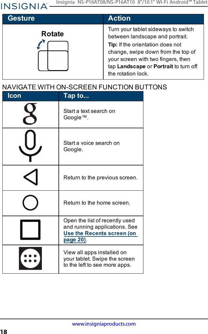 Gesture ActionRotate Turn your tablet sideways to switchbetween landscape and portrait.Tip: If the orientation does notchange, swipe down from the top ofyour screen with two fingers, thentap Landscape or Portrait to turn offthe rotation lock.NAVIGATE WITH ON-SCREEN FUNCTION BUTTONSIcon Tap to...Start a text search onGoogle™.Start a voice search onGoogle.Return to the previous screen.Return to the home screen.Open the list of recently usedand running applications. SeeUse the Recents screen (onpage20).View all apps installed onyour tablet. Swipe the screento the left to see more apps.www.insigniaproducts.com18Insignia NS-P16AT08/NS-P16AT10 8&quot;/10.1&quot; Wi-Fi Android™ Tablet