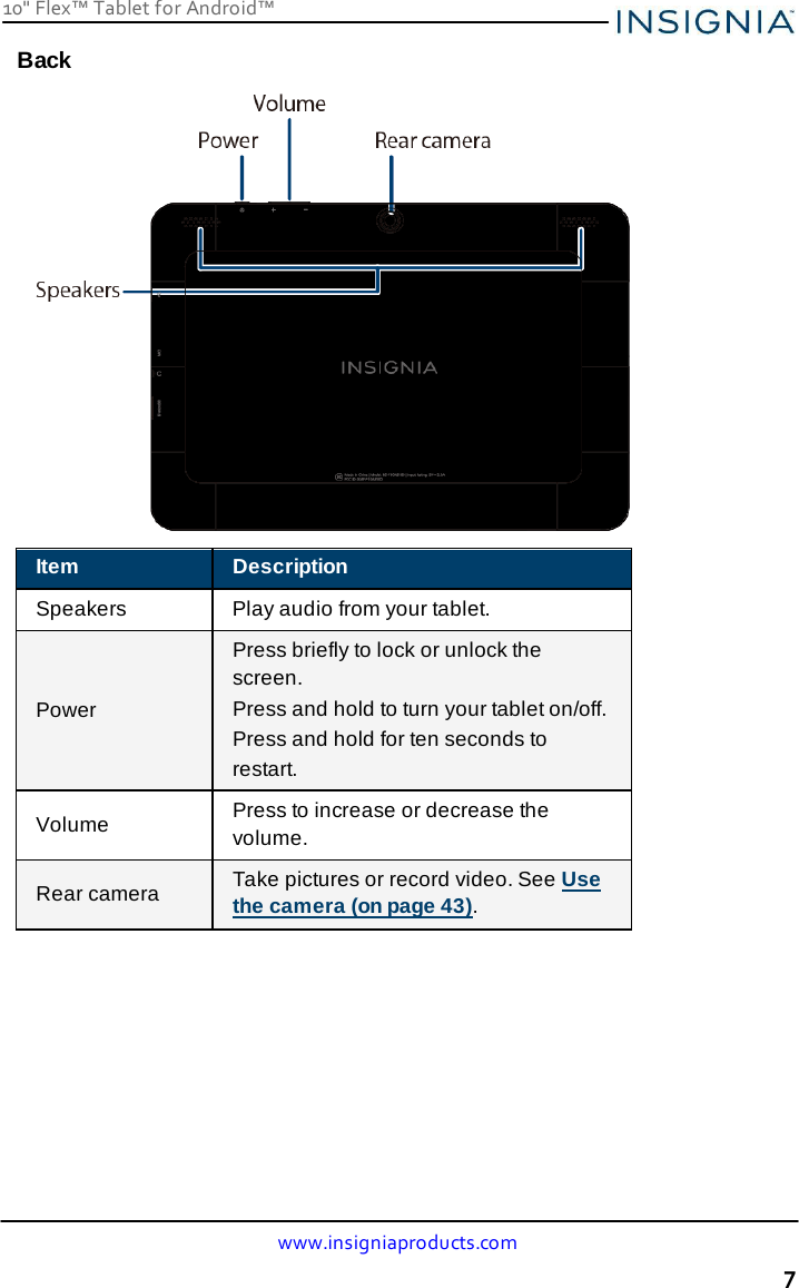 10&quot; Flex™ Tablet for Android™ www.insigniaproducts.com 7    Back   Item Description Speakers  Play audio from your tablet.    Power Press briefly to lock or unlock the screen. Press and hold to turn your tablet on/off. Press and hold for ten seconds to restart.  Volume Press to increase or decrease the volume.  Rear camera  Take pictures or record video. See Use the camera (on page 43). 