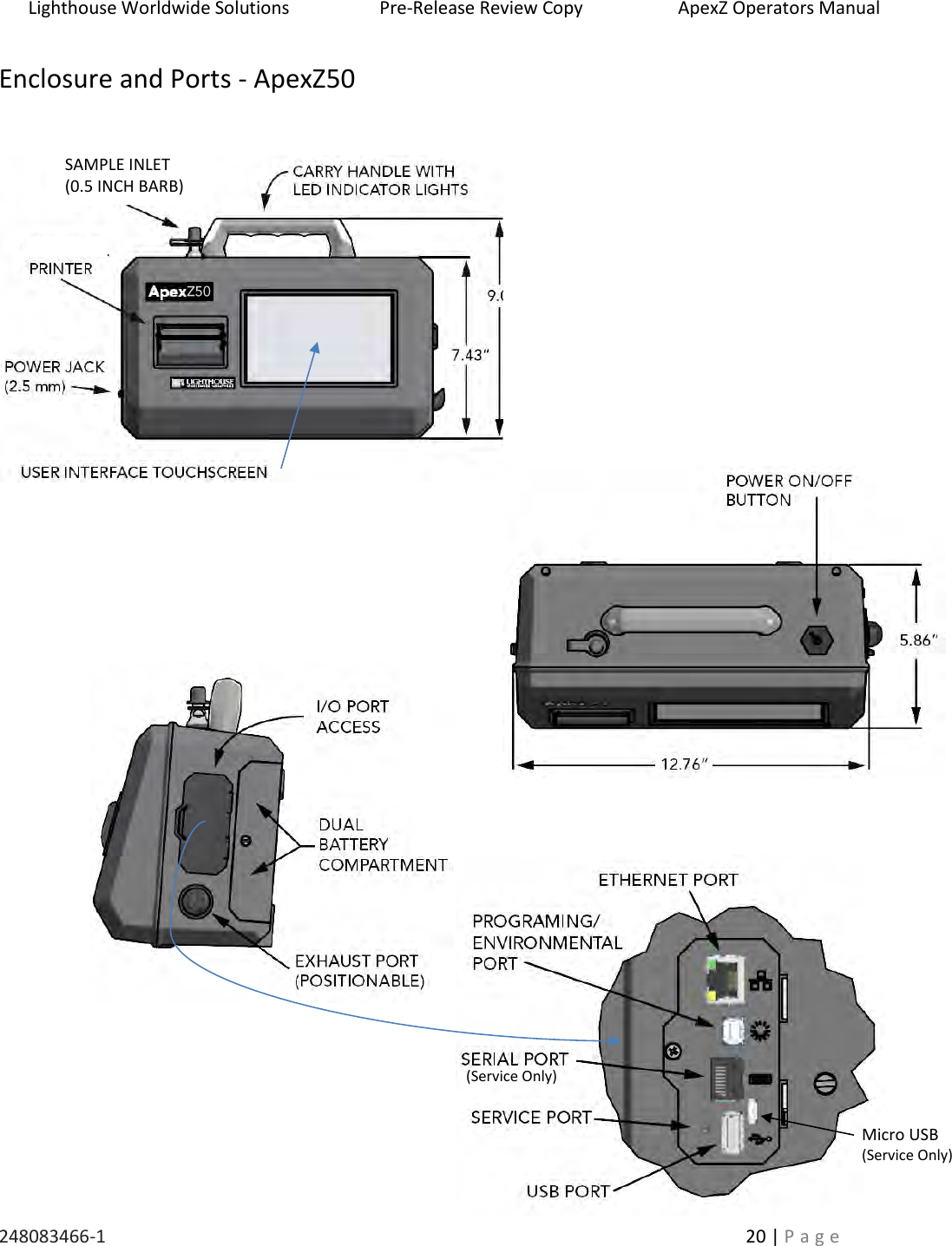 Lighthouse Worldwide Solutions                    Pre-Release Review Copy                       ApexZ Operators Manual   248083466-1    20 | P a g e      Enclosure and Ports - ApexZ50                                                                                                                                                                                                                                                                               SAMPLE INLET (0.5 INCH BARB) (Service Only) Micro USB (Service Only) 