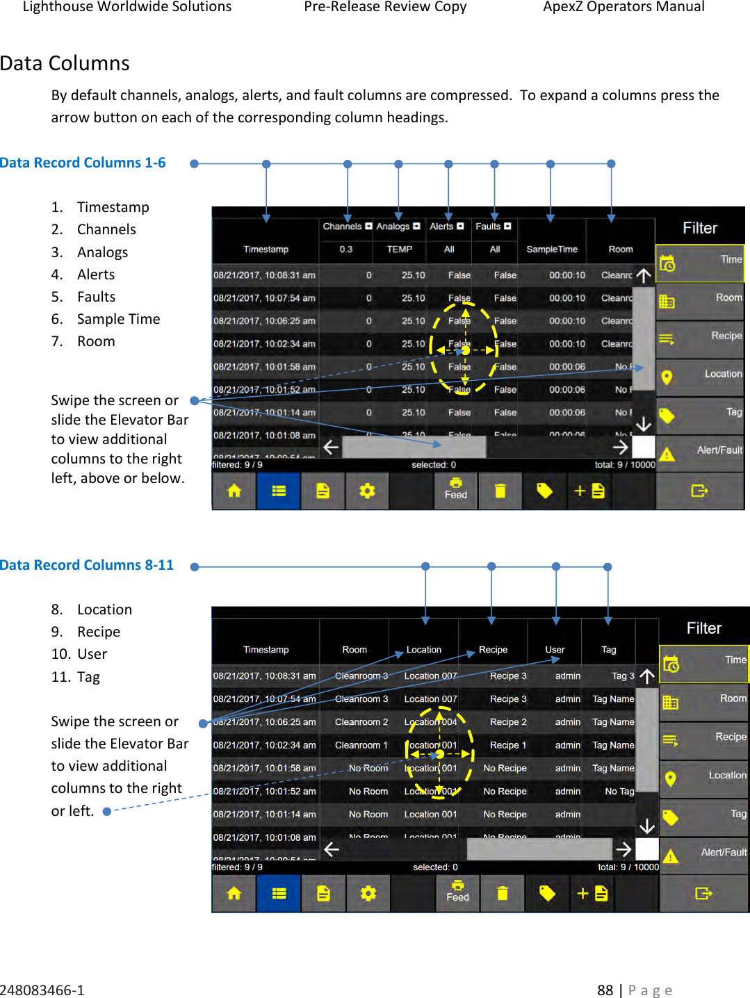 Lighthouse Worldwide Solutions                    Pre-Release Review Copy                       ApexZ Operators Manual   248083466-1    88 | P a g e      Data Columns  By default channels, analogs, alerts, and fault columns are compressed.  To expand a columns press the arrow button on each of the corresponding column headings.    Data Record Columns 1-6  1. Timestamp 2. Channels 3. Analogs 4. Alerts 5. Faults 6. Sample Time 7. Room  Swipe the screen or slide the Elevator Bar to view additional columns to the right left, above or below.    Data Record Columns 8-11  8. Location 9. Recipe  10. User  11. Tag  Swipe the screen or slide the Elevator Bar to view additional columns to the right or left.     