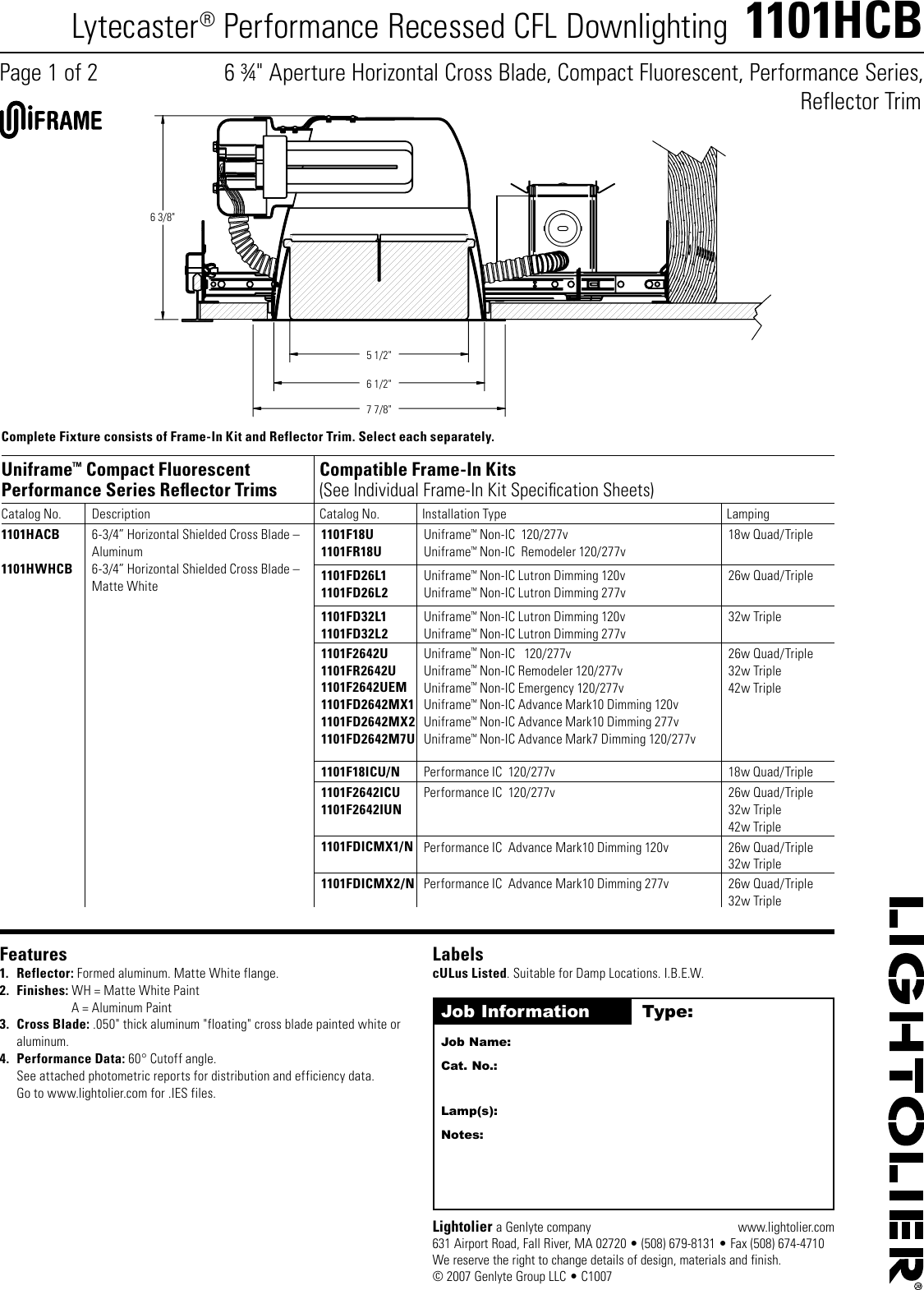 Page 1 of 2 - Lightolier Lightolier-1101Hcb-Users-Manual-  Lightolier-1101hcb-users-manual